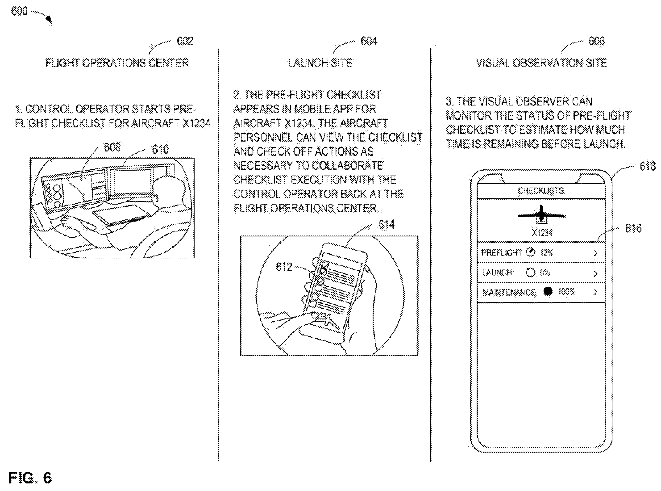 Patent US12112642 Figure 6 – Systems, methods, and apparatus for collaborative aircraft checklists