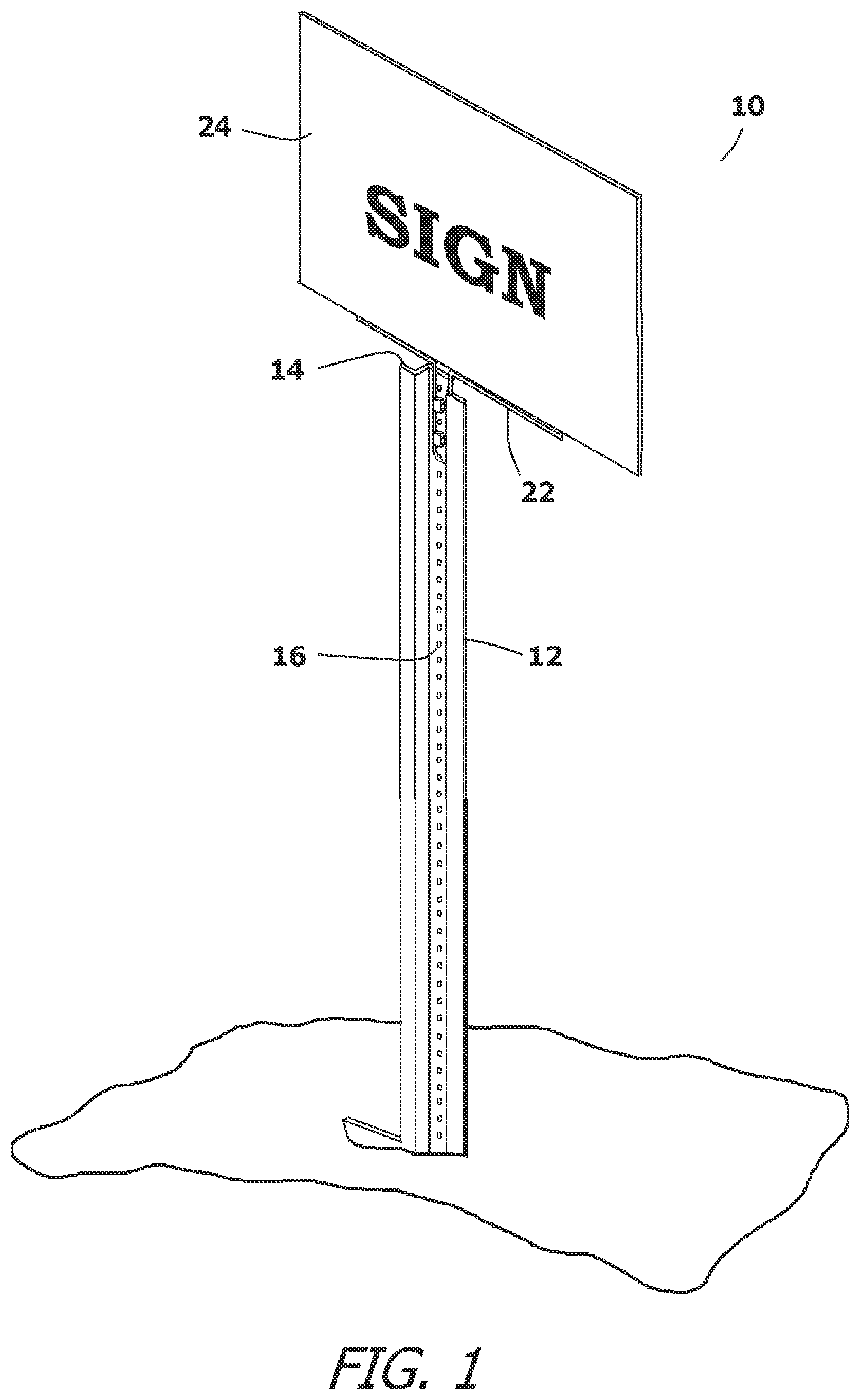 Patent US12112660 Figure 1 – Signage system for attaching a low cost sign to a ground post