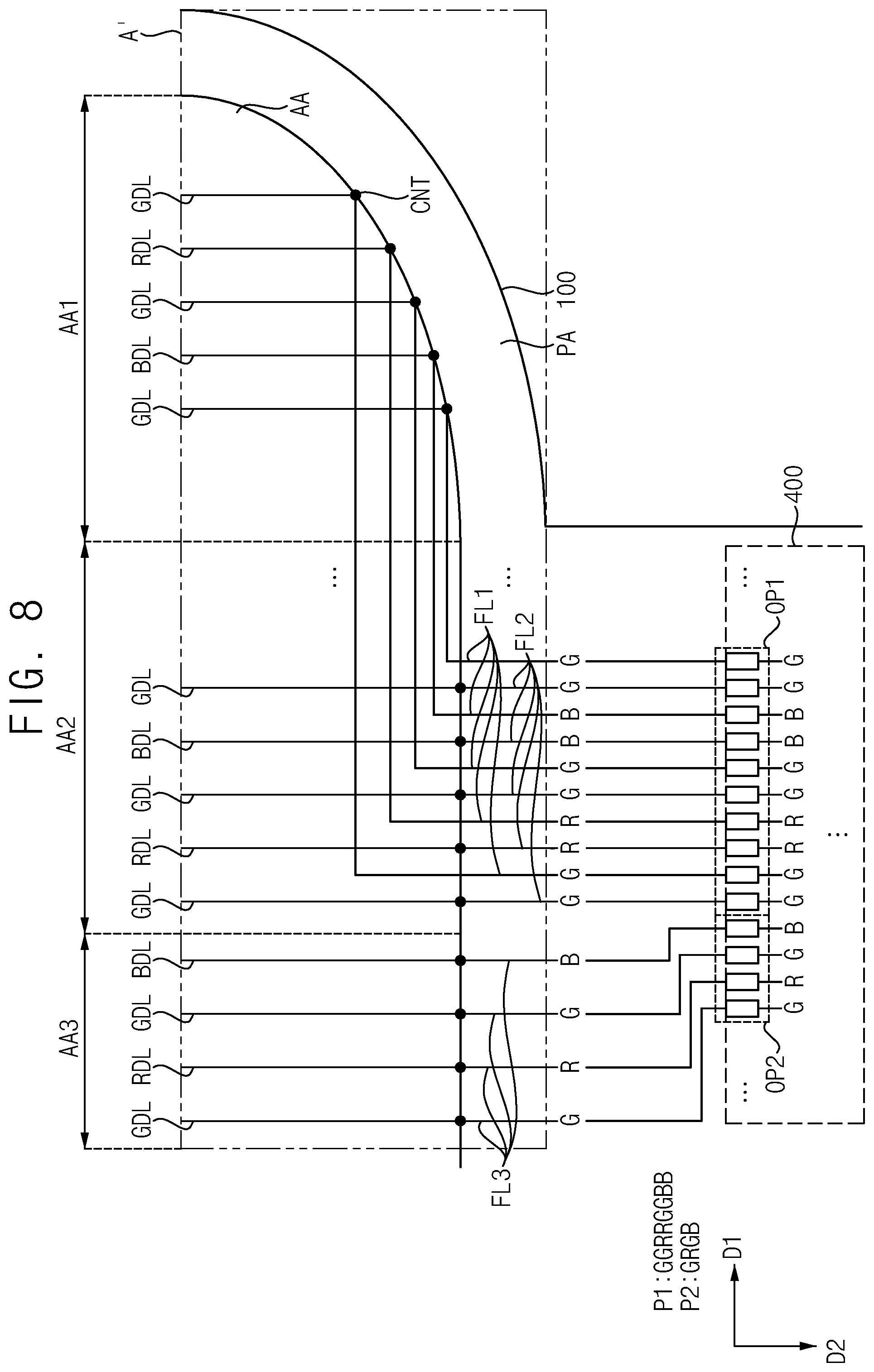Patent US12112690 Figure 8 – Data driver connected to data lines through fan out lines disposed in display area, display device including data driver, and electronic device including data driver
