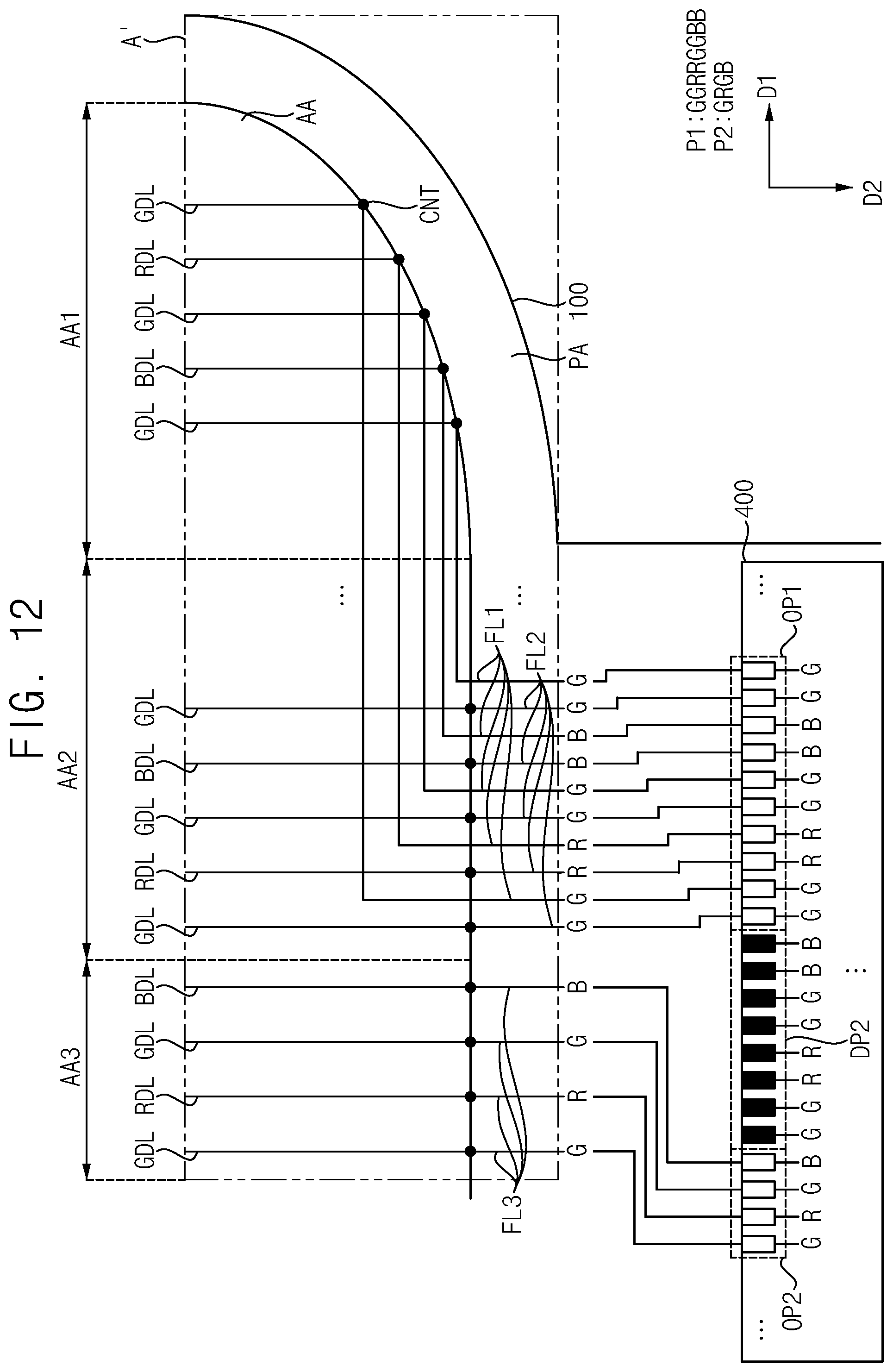 Patent US12112690 Figure 12 – Data driver connected to data lines through fan out lines disposed in display area, display device including data driver, and electronic device including data driver