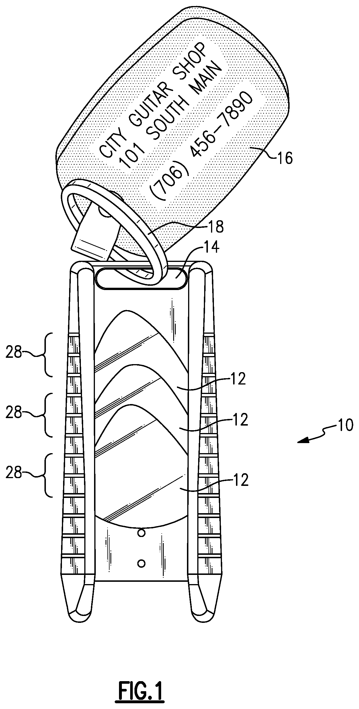 Patent US12112728 Figure 1 – Guitar pick holder and dispenser