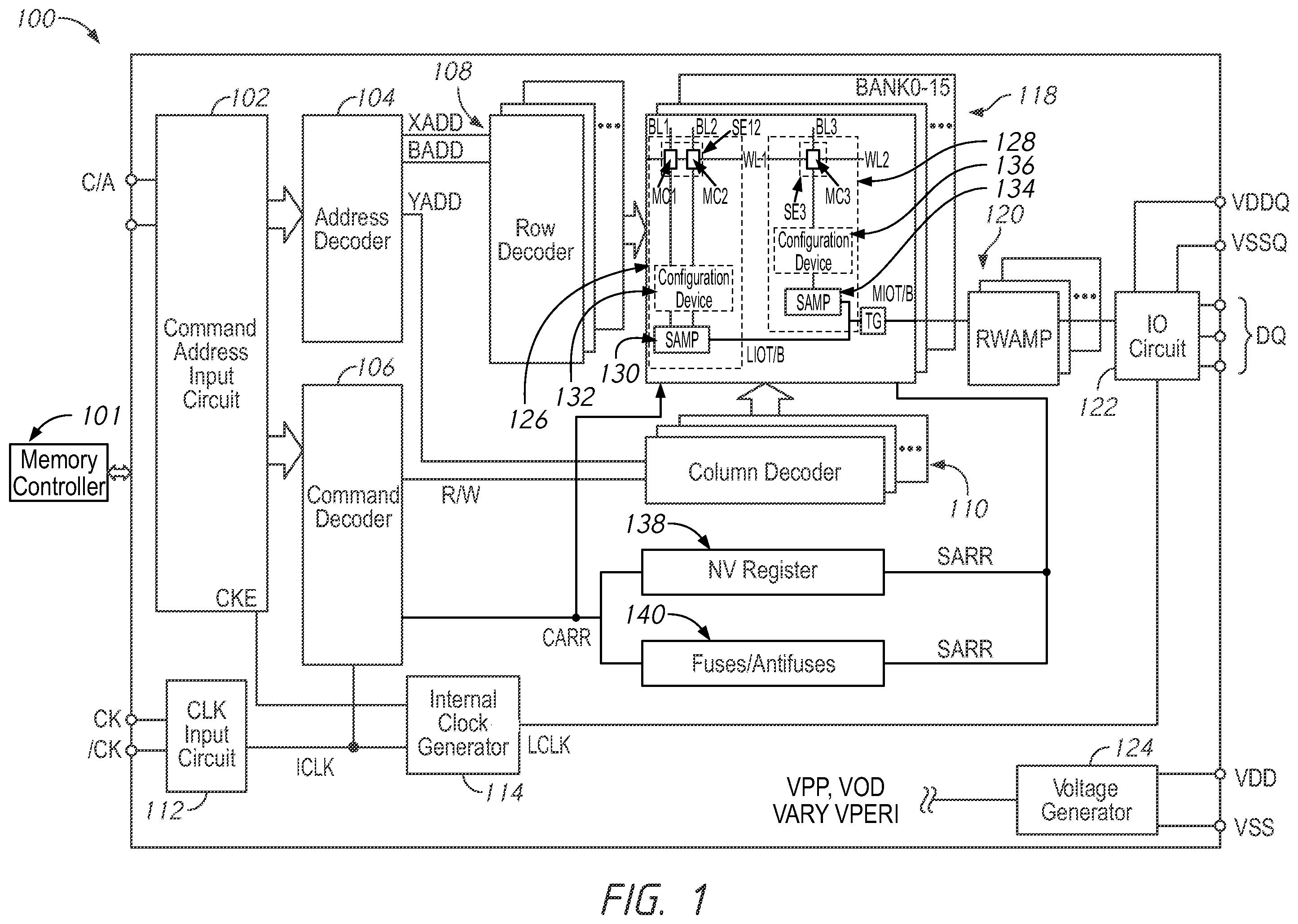 Patent US12112785 Figure 1 – Apparatuses, systems, and methods for configurable memory