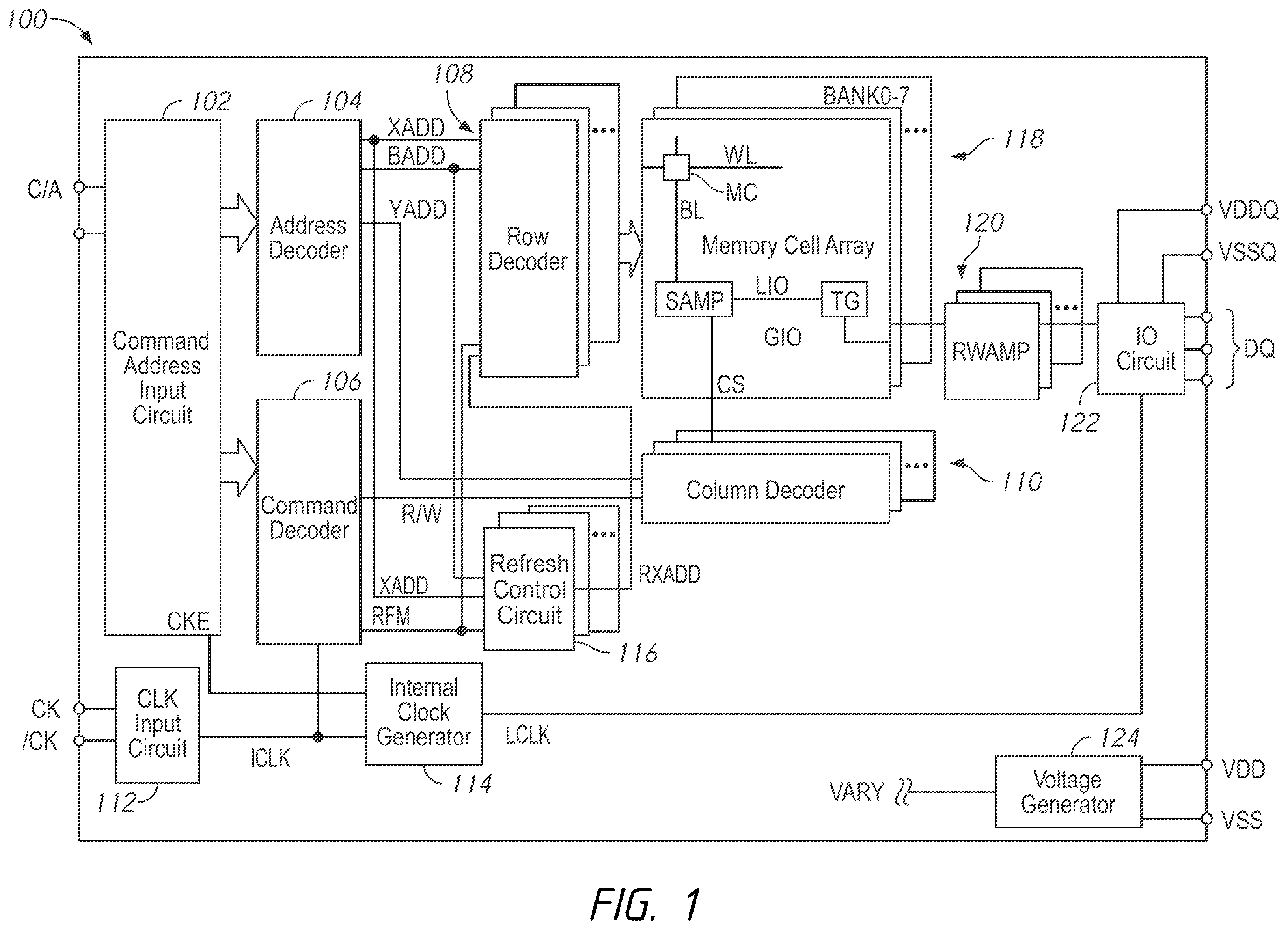 Patent US12112787 Figure 1 – Apparatuses and methods for access based targeted refresh operations