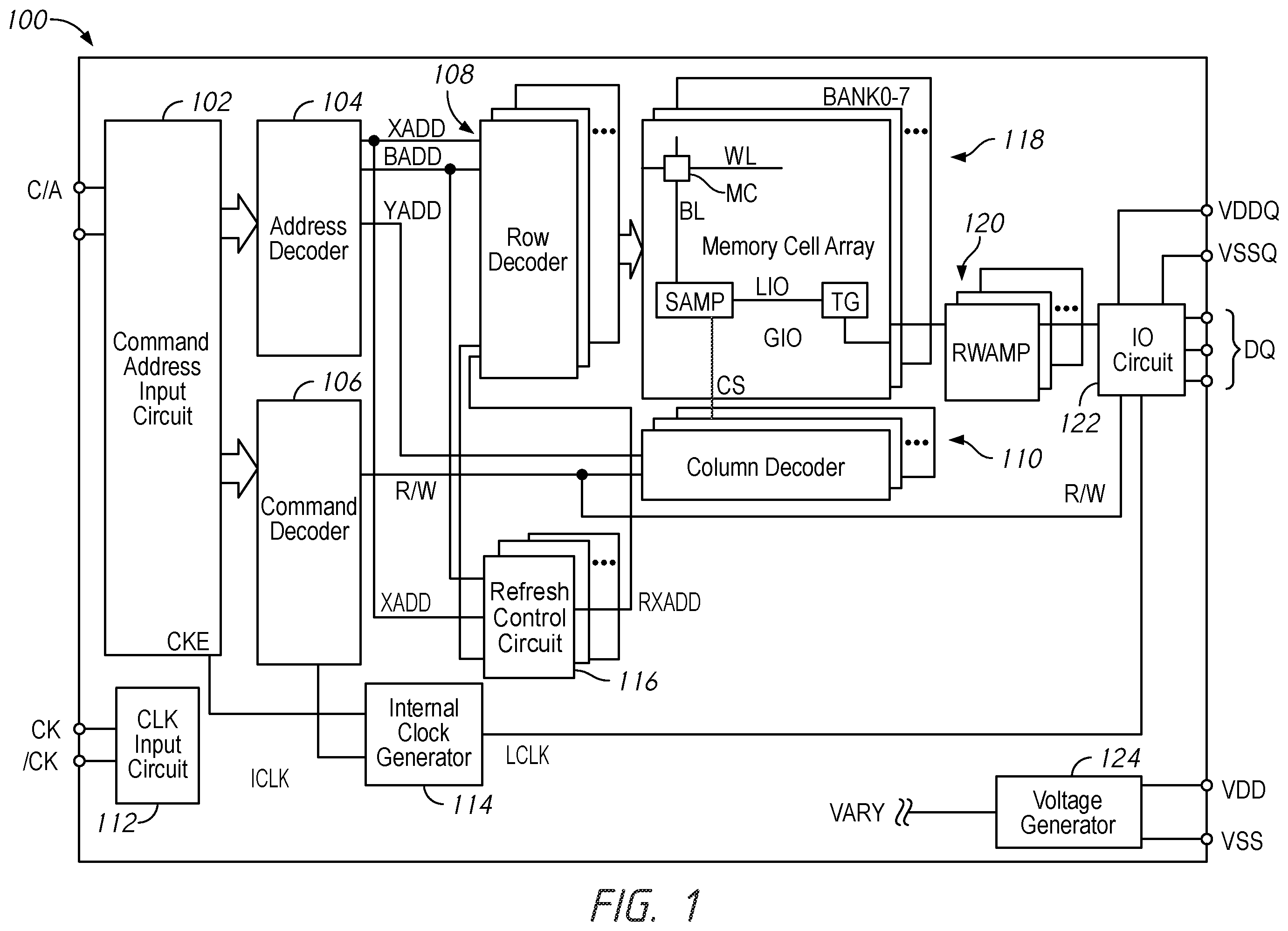 Patent US12112789 Figure 1 – Apparatuses and methods for input buffer enable clock synchronization