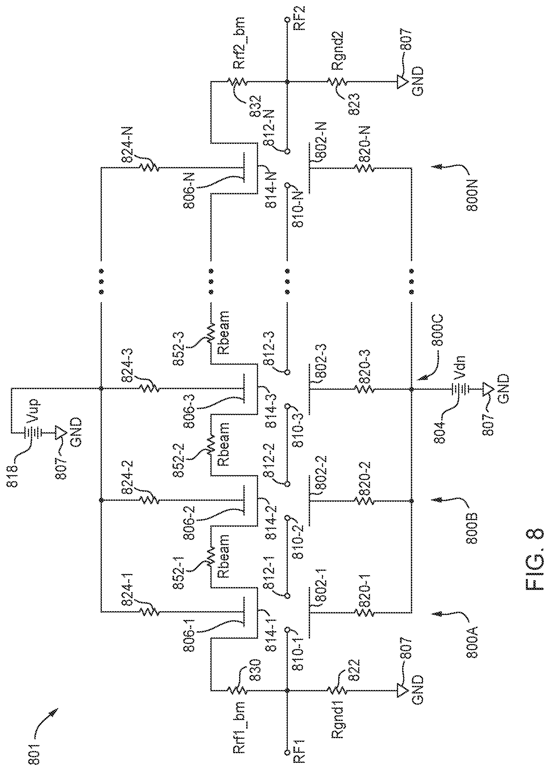 Patent US12112909 Figure 8 – MEMS relay architecture with frequency isolation