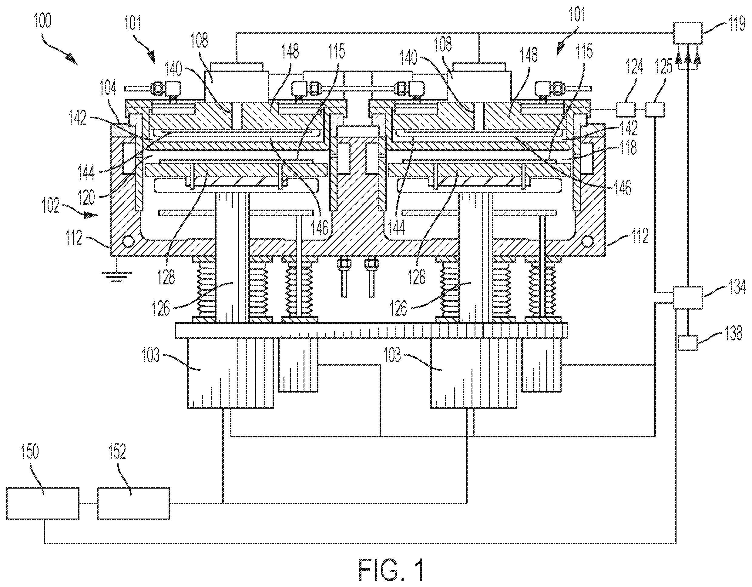Patent US12112972 Figure 1 – Rotating biasable pedestal and electrostatic chuck in semiconductor process chamber
