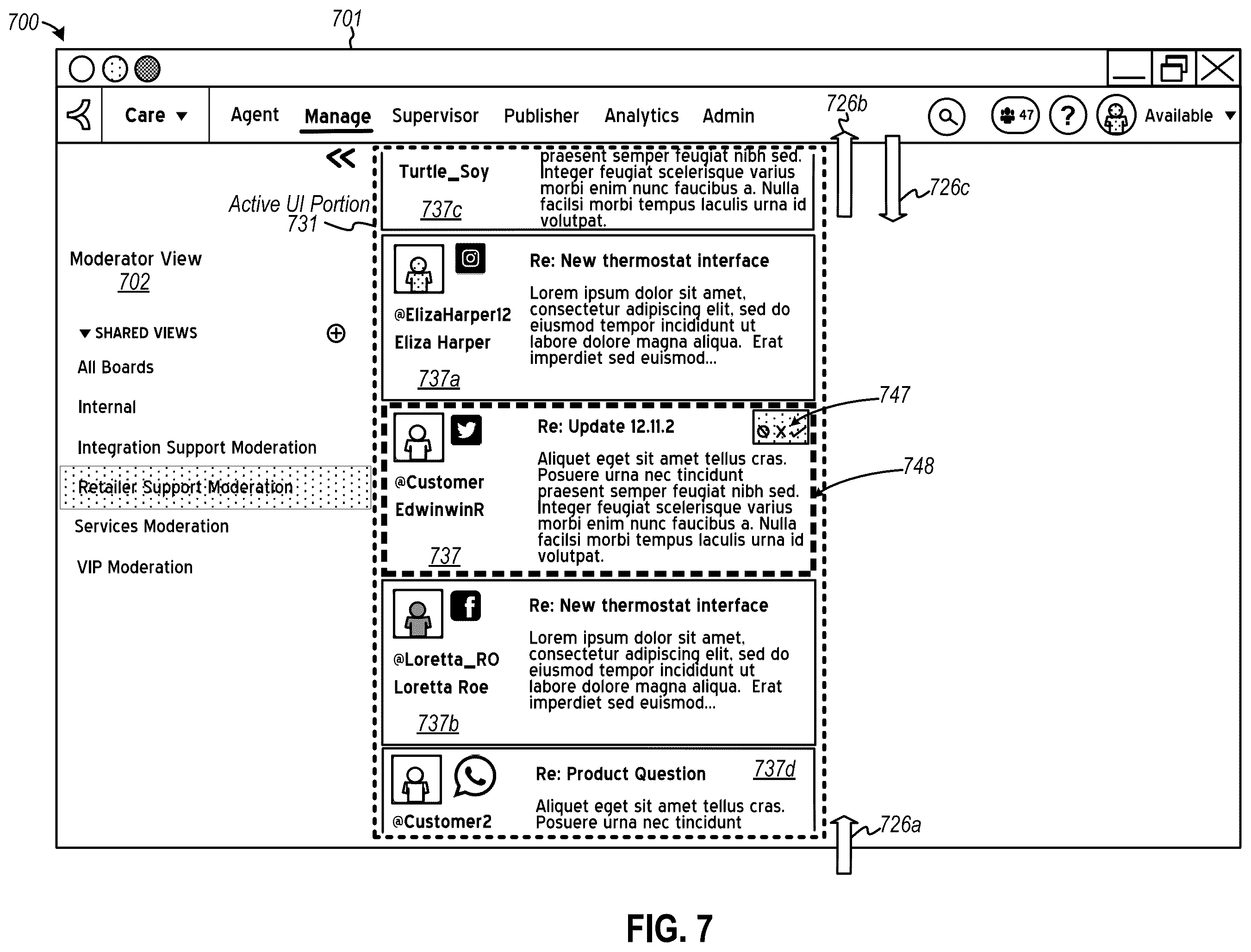 Patent US12120078 Figure 7 – Automated disposition of a community of electronic messages under moderation using a gesture-based computerized tool