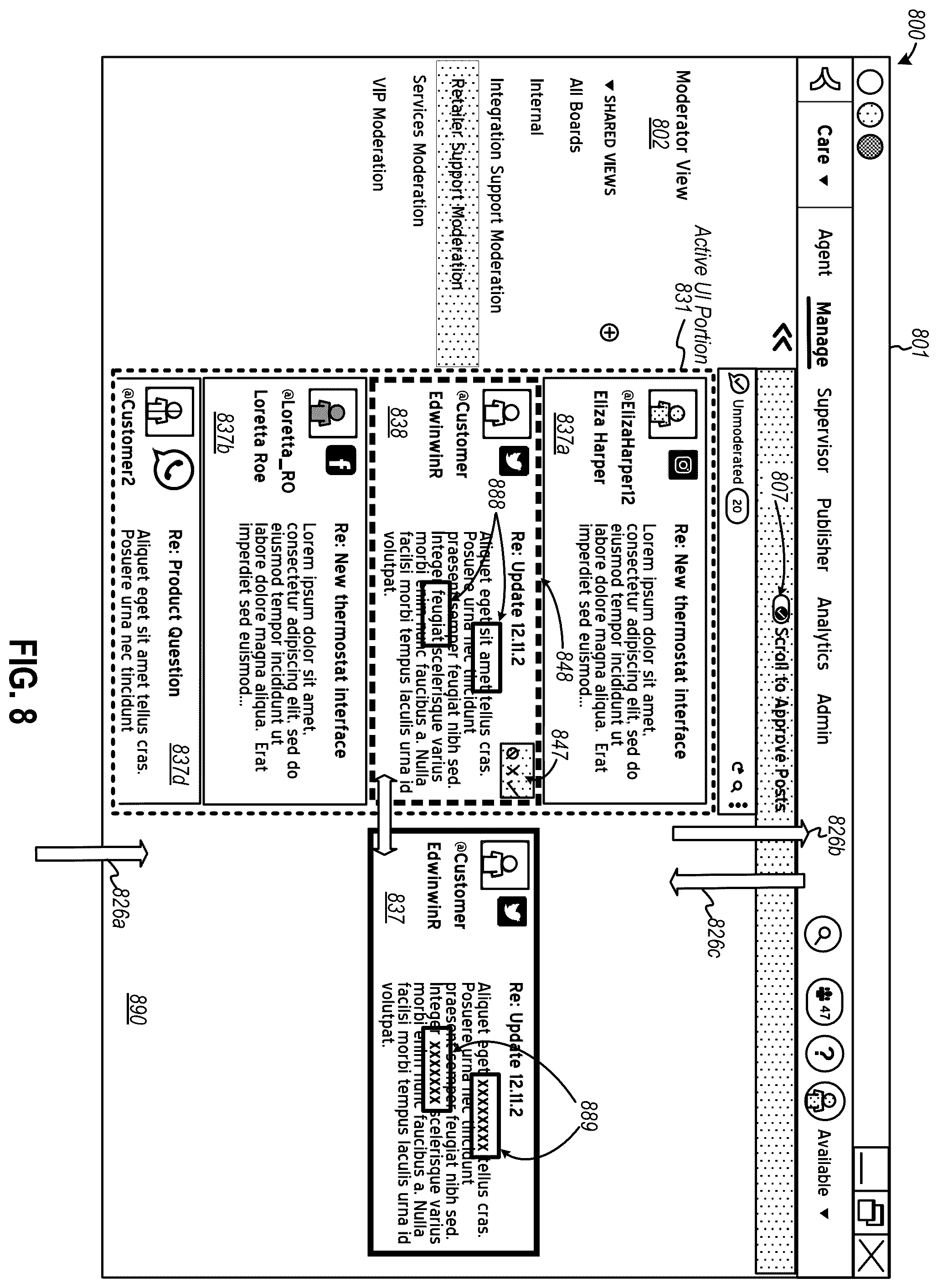 Patent US12120078 Figure 8 – Automated disposition of a community of electronic messages under moderation using a gesture-based computerized tool