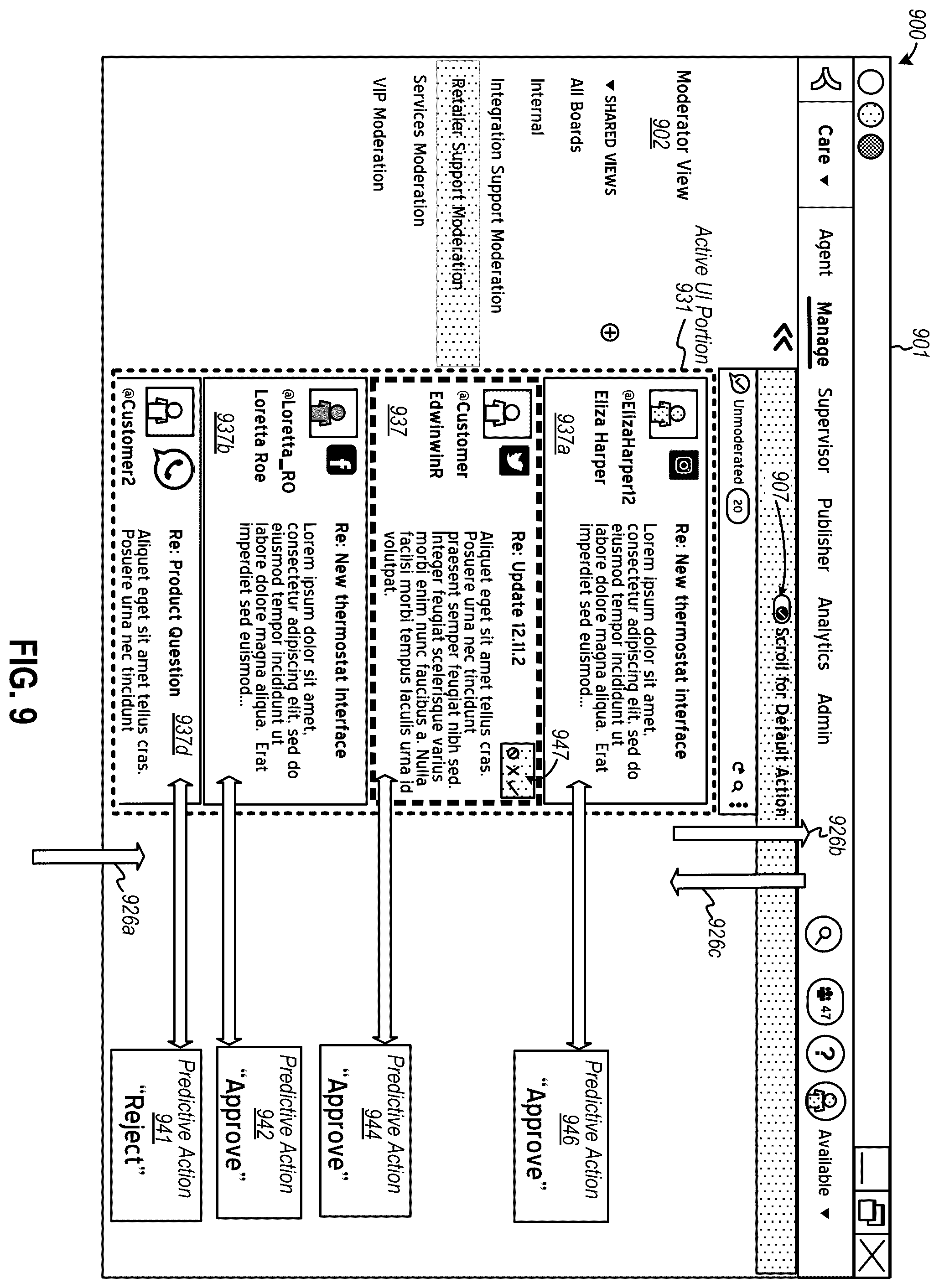 Patent US12120078 Figure 9 – Automated disposition of a community of electronic messages under moderation using a gesture-based computerized tool