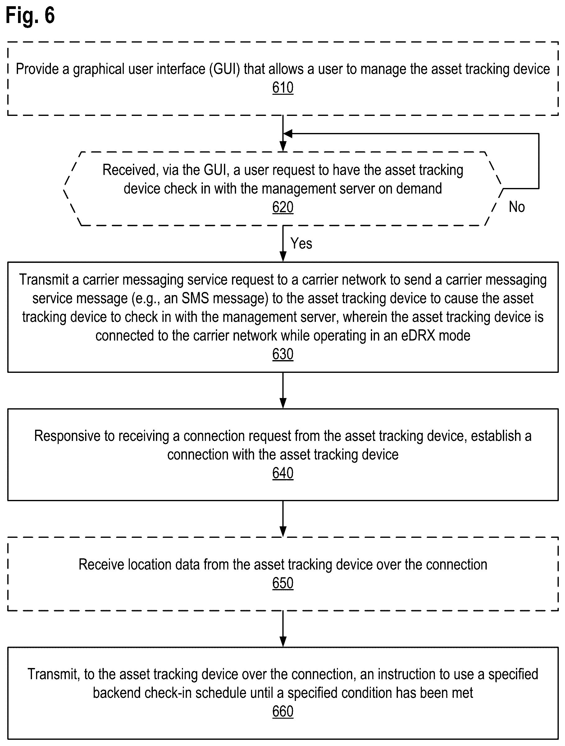 Patent US12120581 Figure 6 – Reaching an asset tracking device on demand