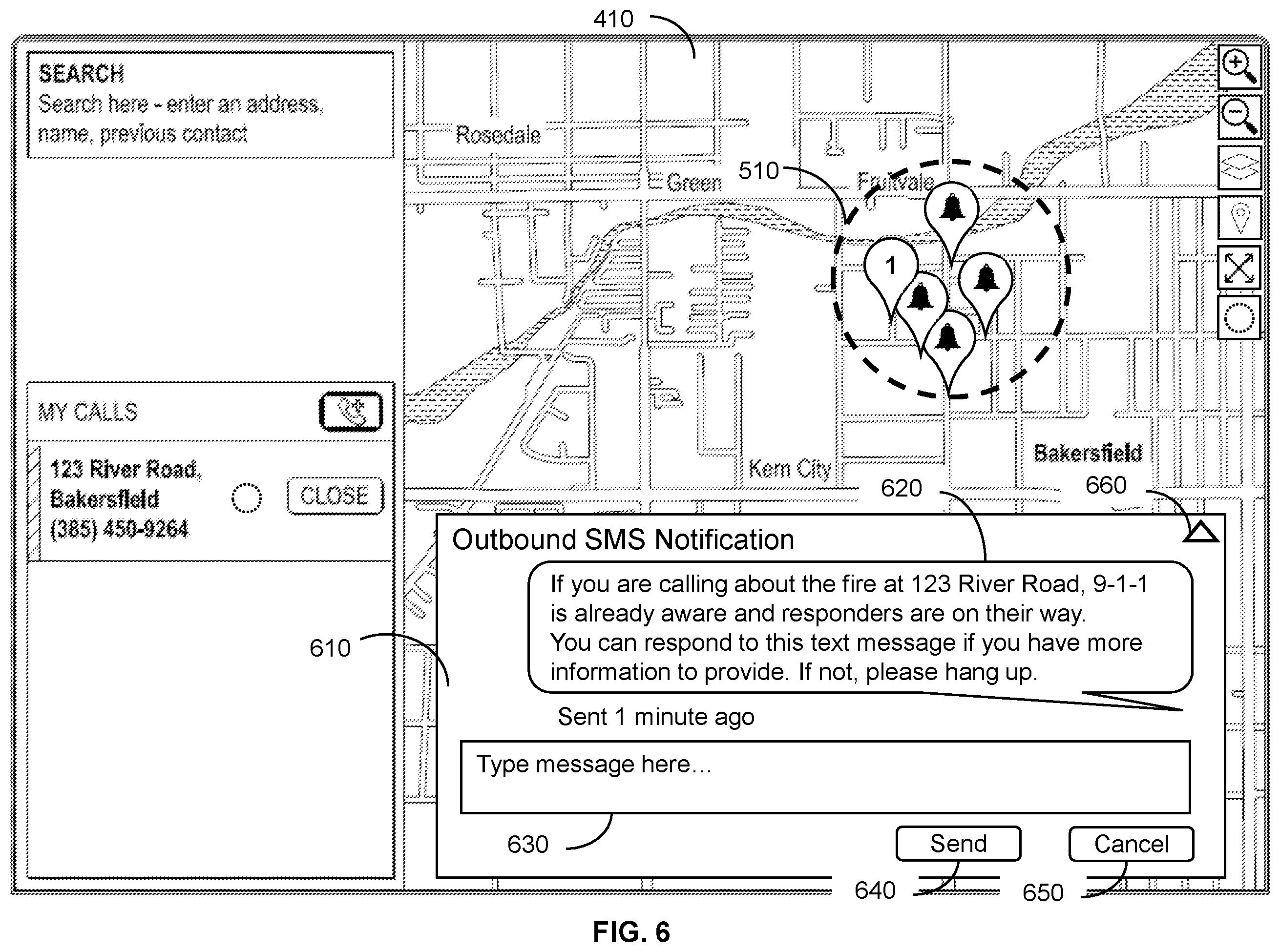 Patent US12120591 Figure 6 – Outbound SMS notifications to emergency callers