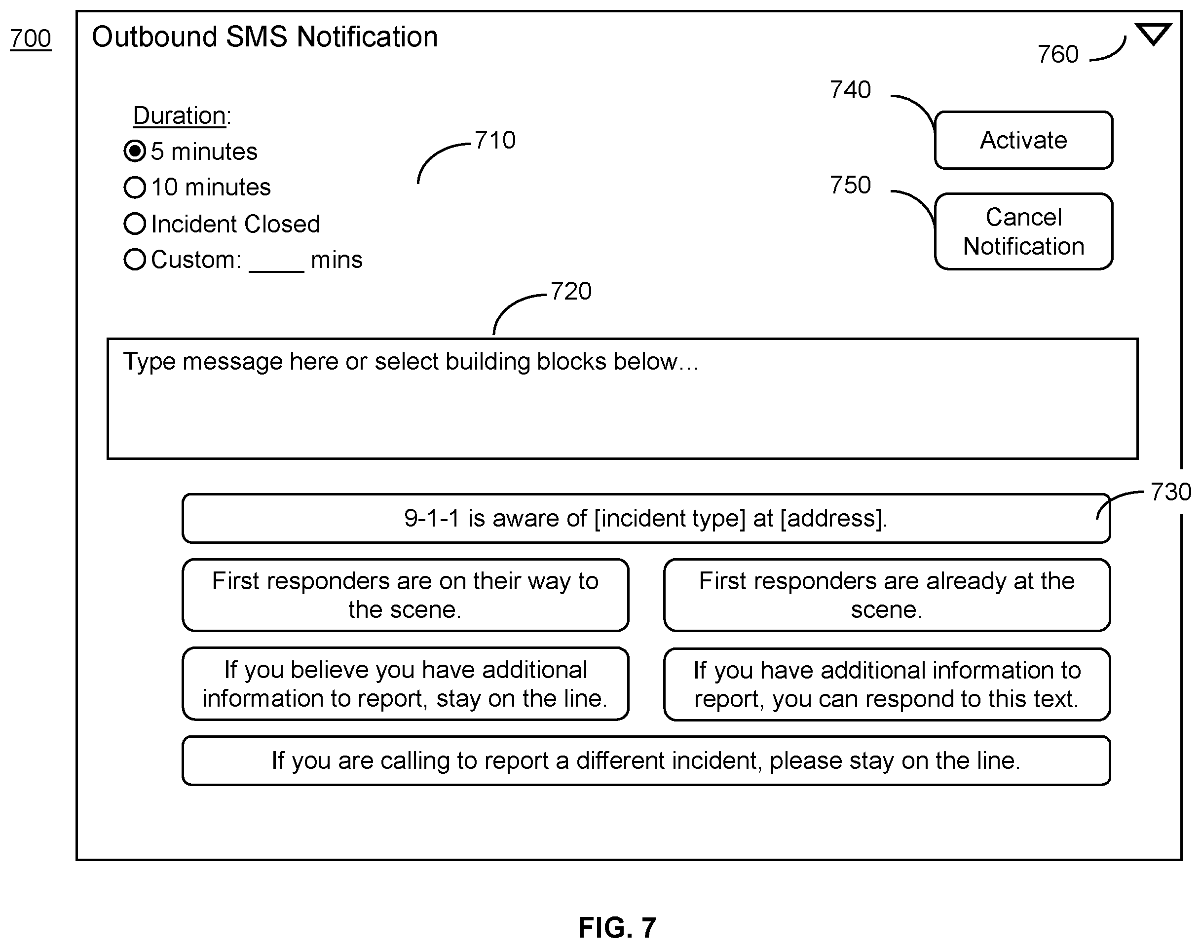 Patent US12120591 Figure 7 – Outbound SMS notifications to emergency callers