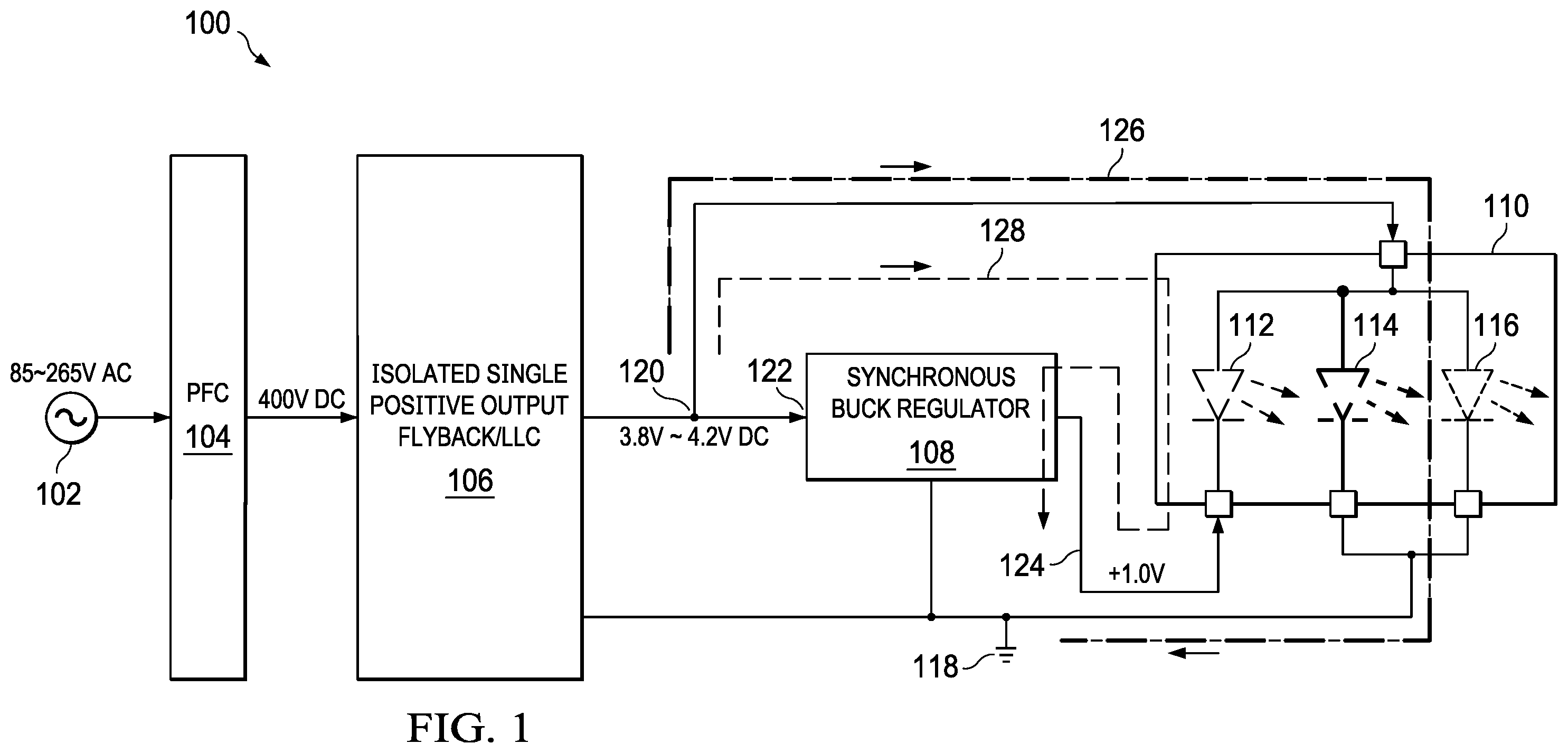 Patent US12120790 Figure 1 – Two-stage power supply architecture with flyback/LLC and buck converter for led display