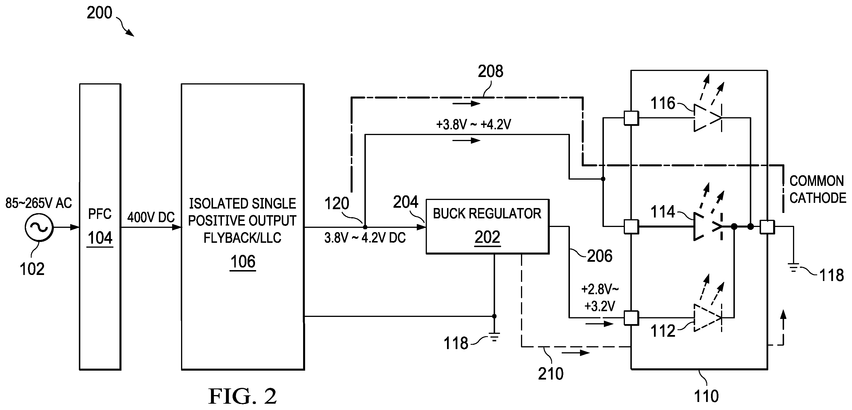 Patent US12120790 Figure 2 – Two-stage power supply architecture with flyback/LLC and buck converter for led display