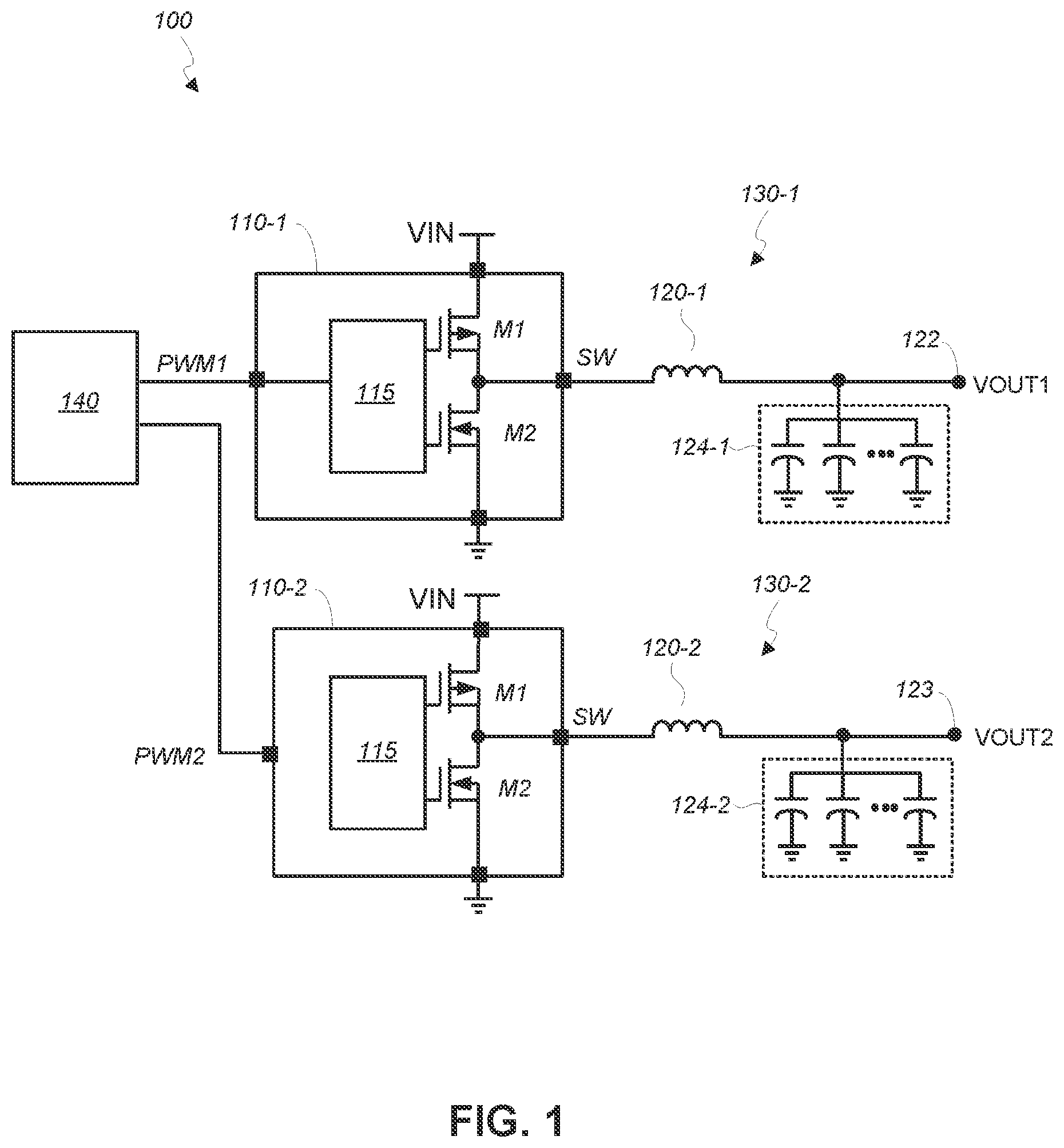 Patent US12120822 Figure 1 – Power module with output inductors and output capacitors that are embedded within substrate layers