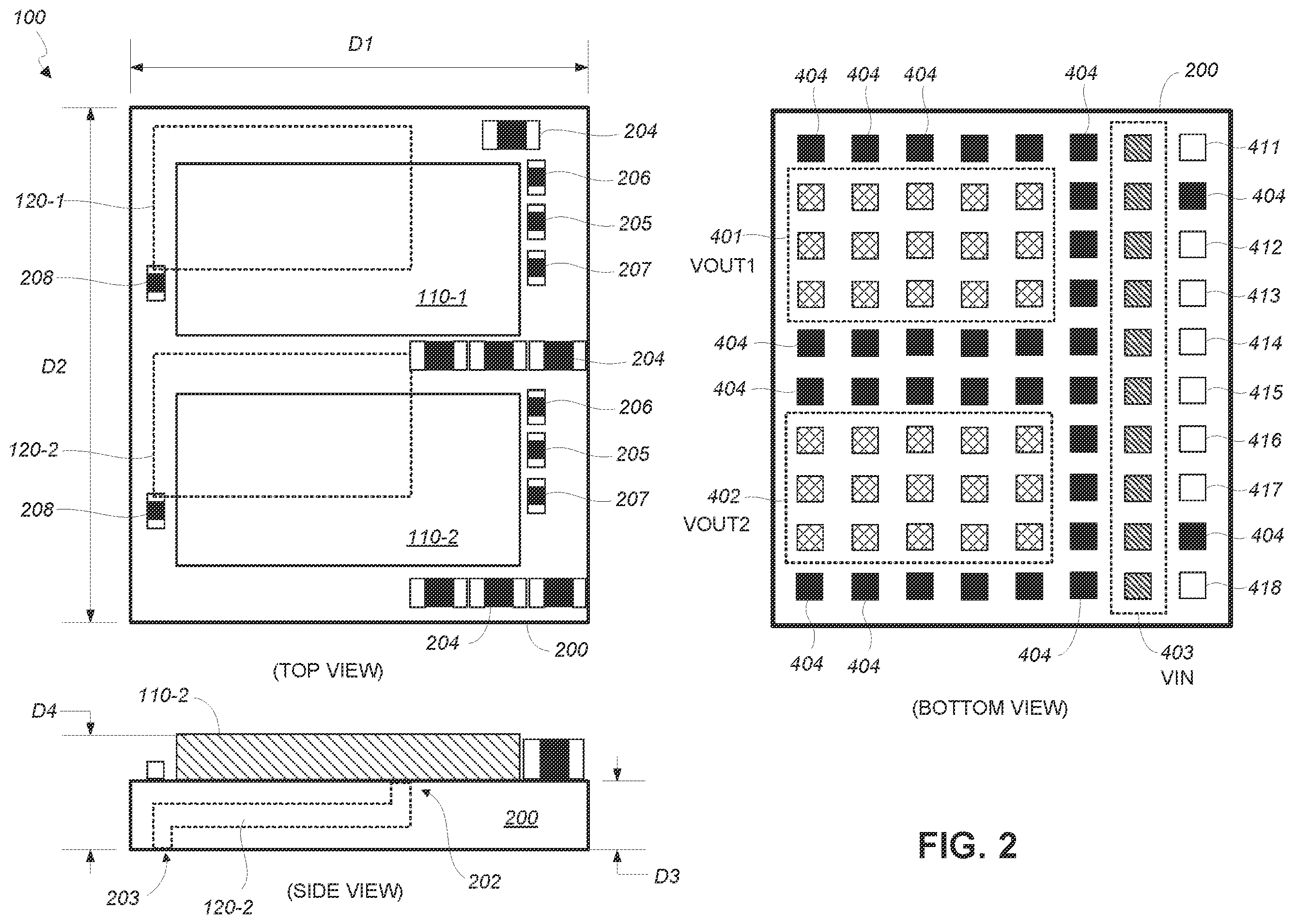 Patent US12120822 Figure 2 – Power module with output inductors and output capacitors that are embedded within substrate layers