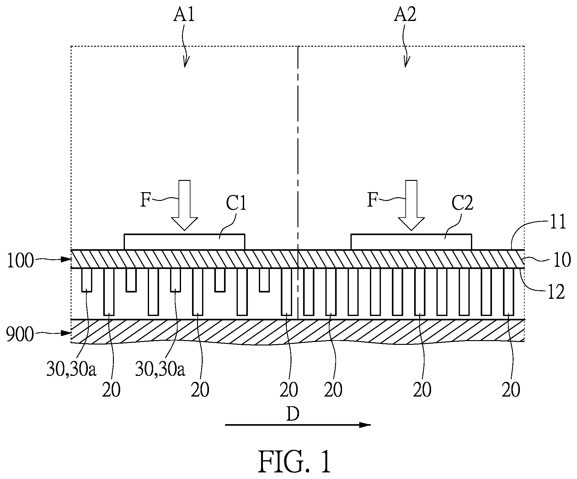 Patent US12120845 — Liquid-cooling heat dissipation plate with unequal height pin-fins and enclosed liquid-cooling cooler having the same — Figure 1