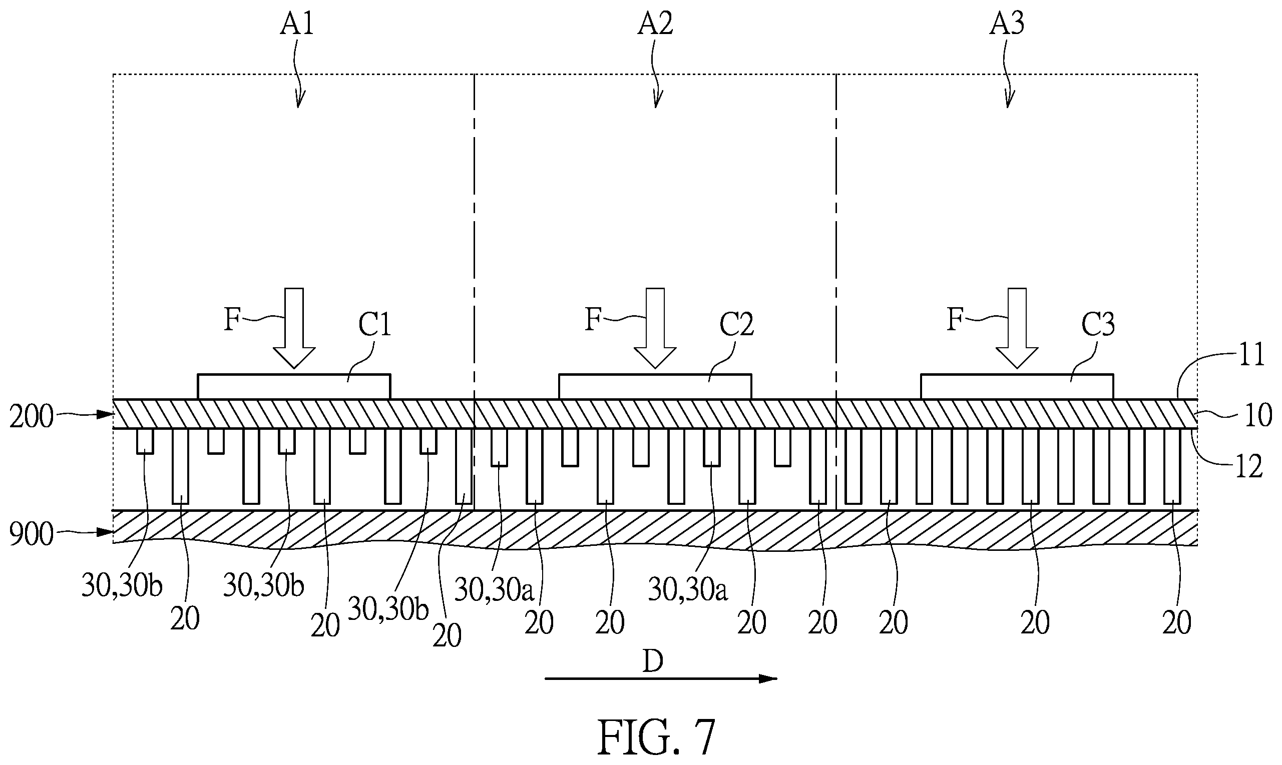 Patent US12120845 Figure 4 – Liquid-cooling heat dissipation plate with unequal height pin-fins and enclosed liquid-cooling cooler having the same