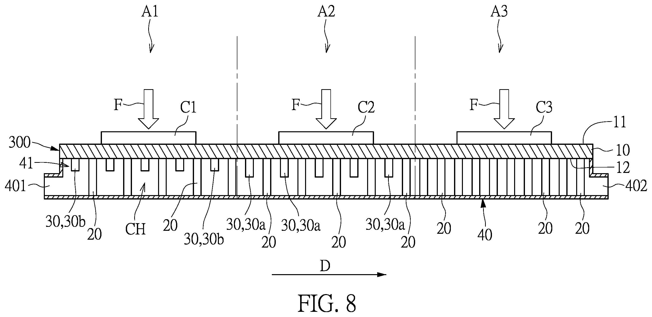 Patent US12120845 Figure 5 – Liquid-cooling heat dissipation plate with unequal height pin-fins and enclosed liquid-cooling cooler having the same
