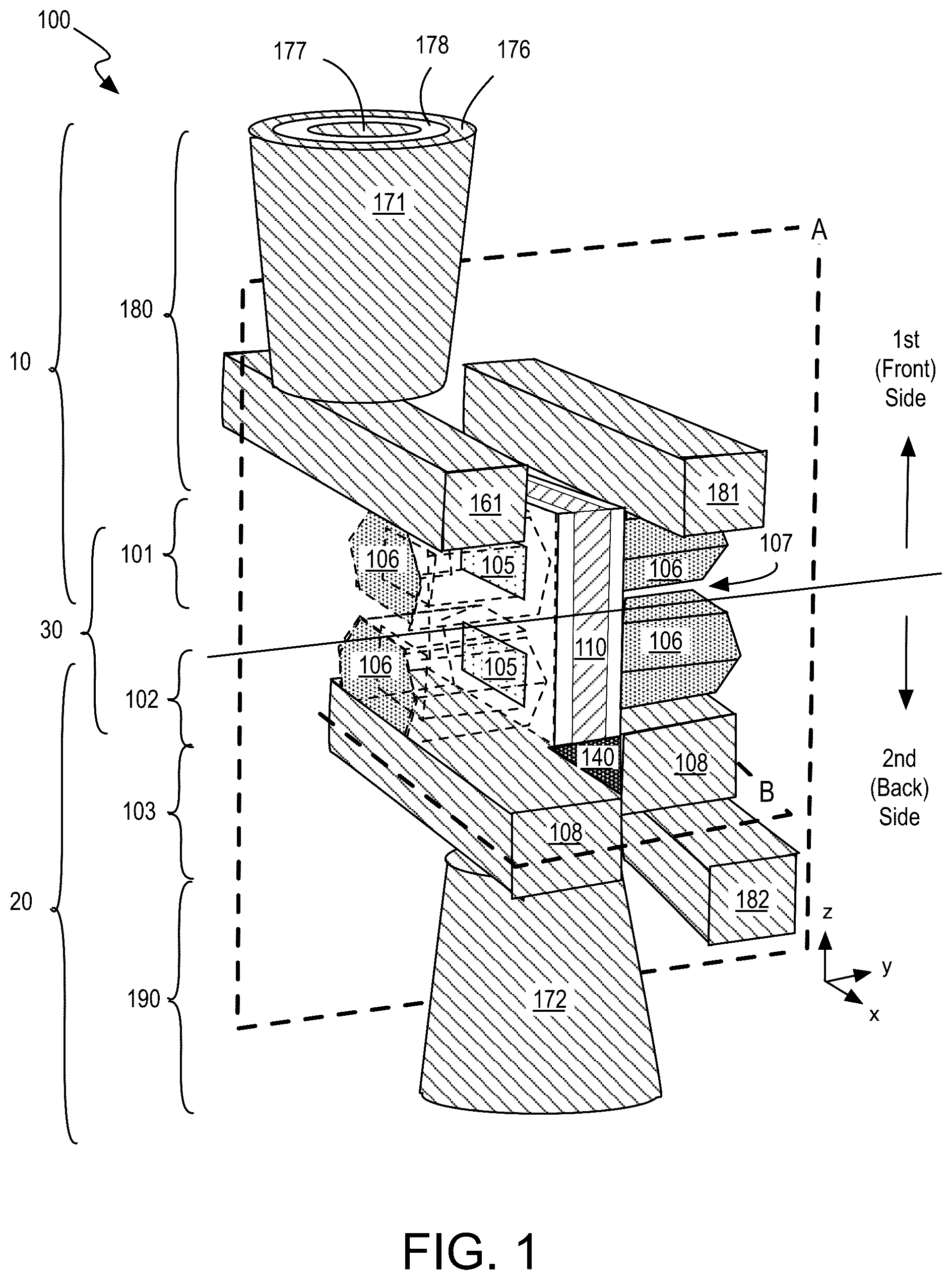 Patent US12120865 Figure 1 – Arrays of double-sided dram cells including capacitors on the frontside and backside of a stacked transistor structure
