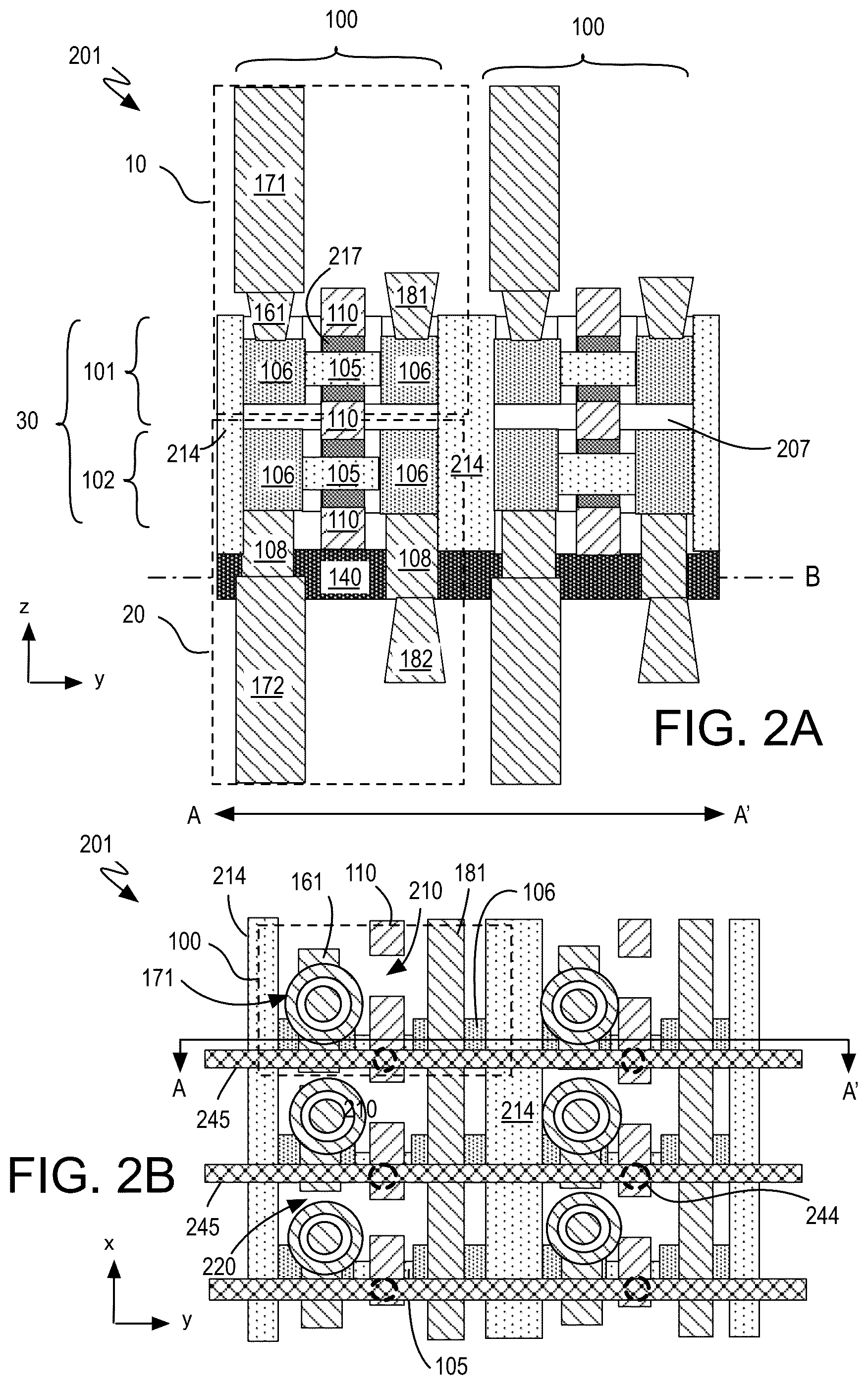 Patent US12120865 Figure 2 – Arrays of double-sided dram cells including capacitors on the frontside and backside of a stacked transistor structure