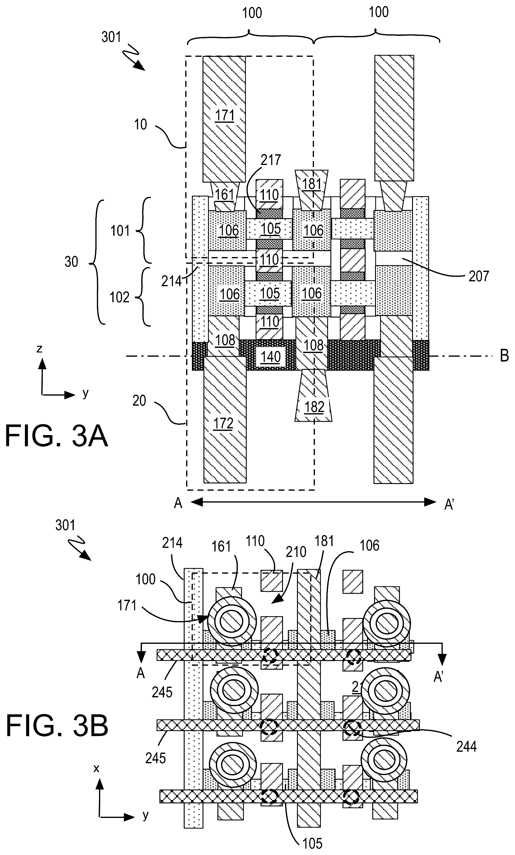 Patent US12120865 Figure 3 – Arrays of double-sided dram cells including capacitors on the frontside and backside of a stacked transistor structure