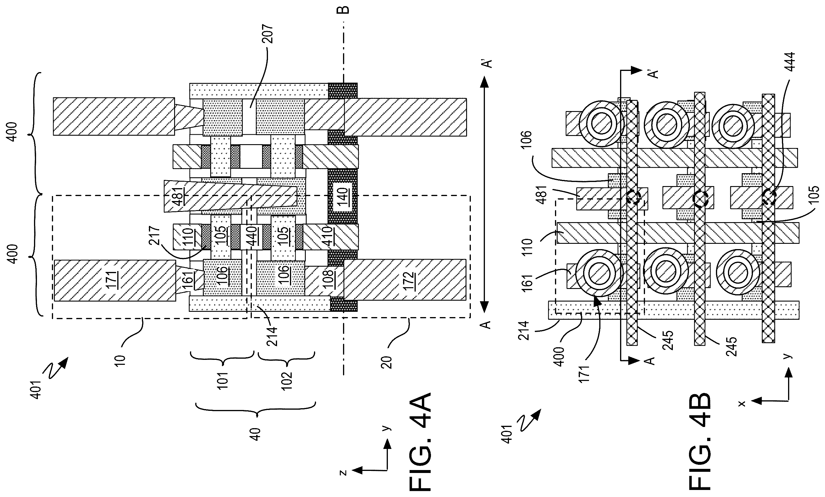 Patent US12120865 Figure 4 – Arrays of double-sided dram cells including capacitors on the frontside and backside of a stacked transistor structure
