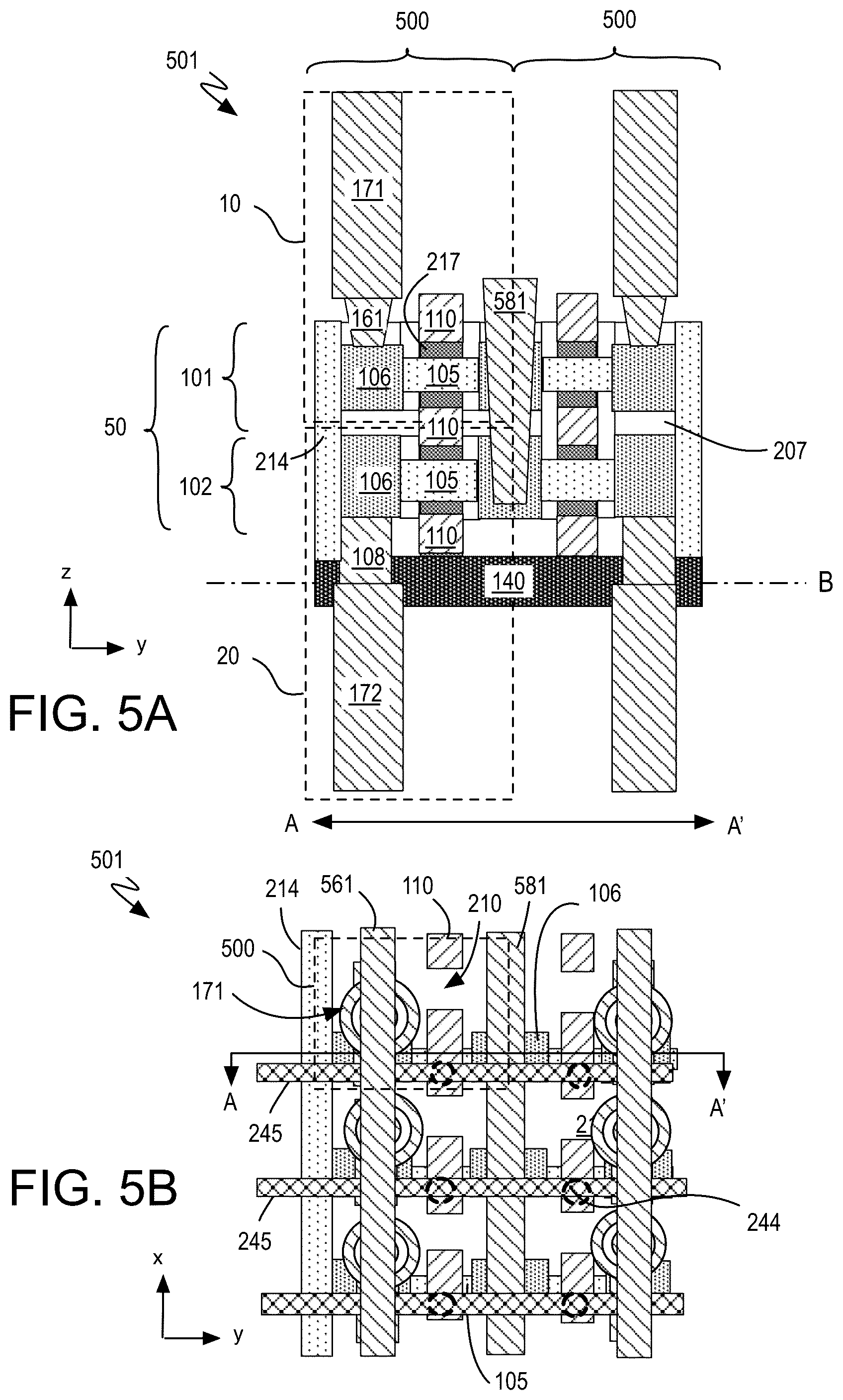 Patent US12120865 Figure 5 – Arrays of double-sided dram cells including capacitors on the frontside and backside of a stacked transistor structure