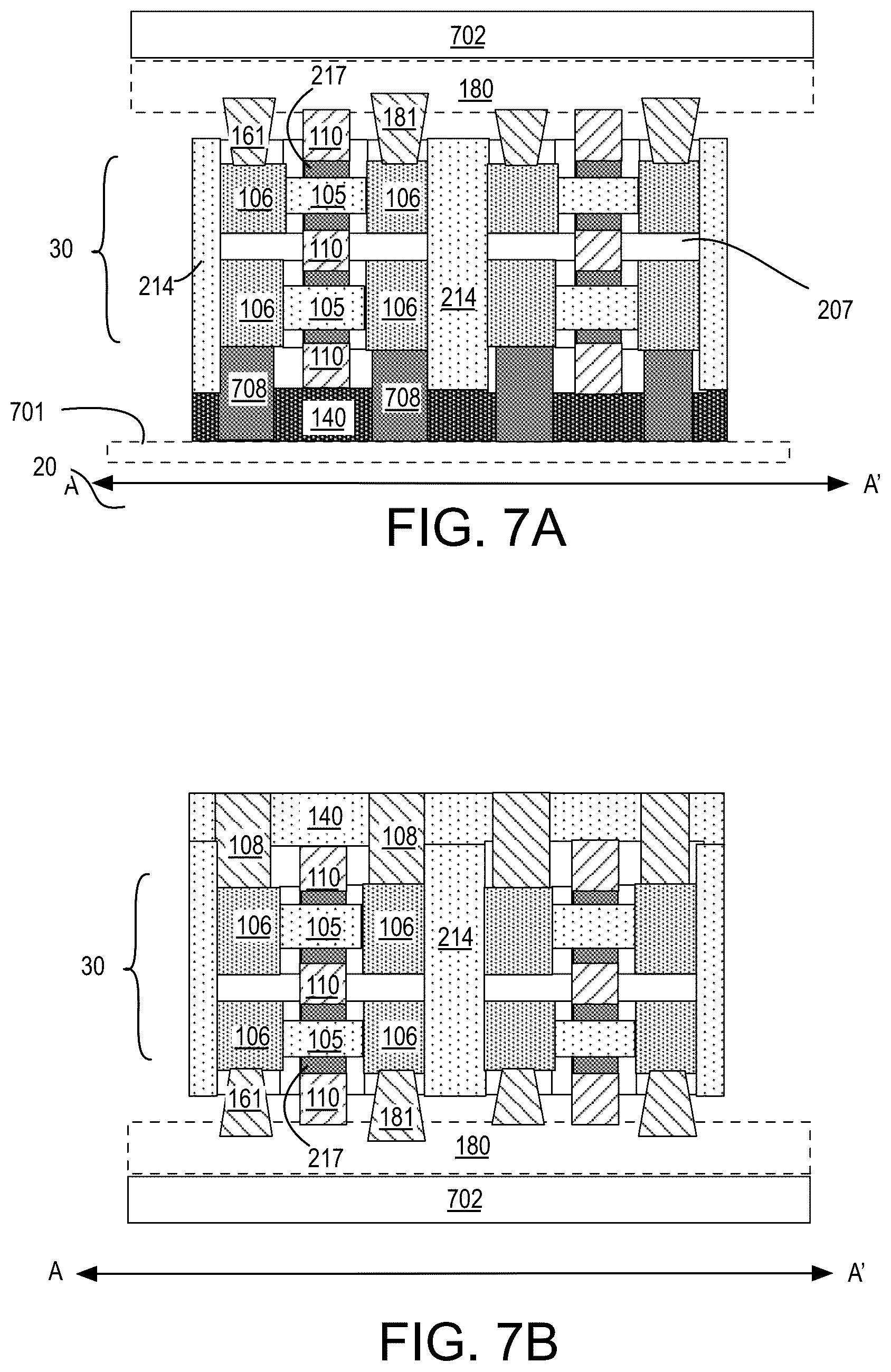 Patent US12120865 Figure 7 – Arrays of double-sided dram cells including capacitors on the frontside and backside of a stacked transistor structure
