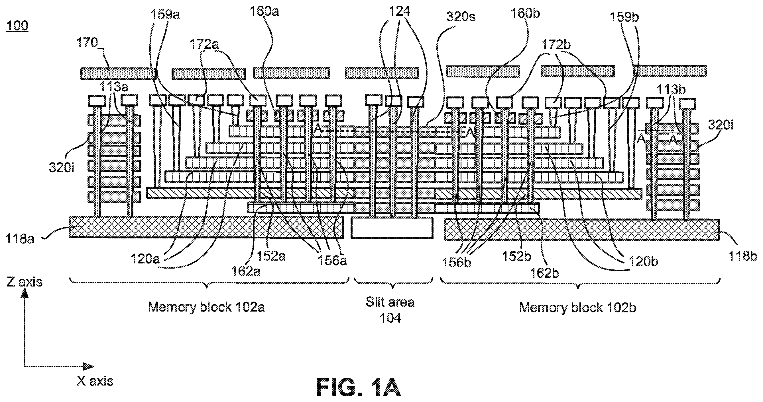 Patent US12120878 Figure 1 – Block-to-block isolation and deep contact using pillars in a memory array