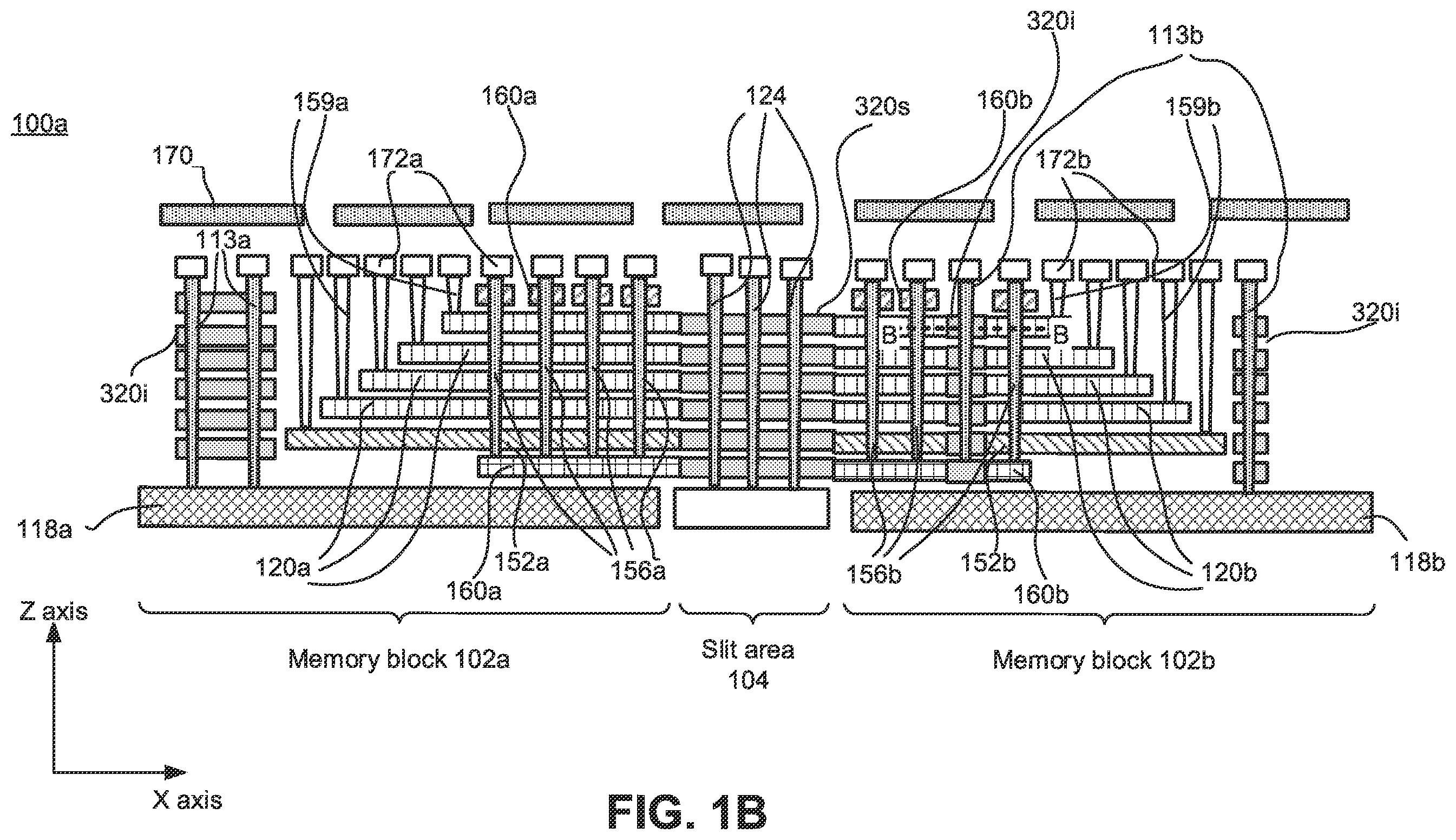 Patent US12120878 Figure 2 – Block-to-block isolation and deep contact using pillars in a memory array