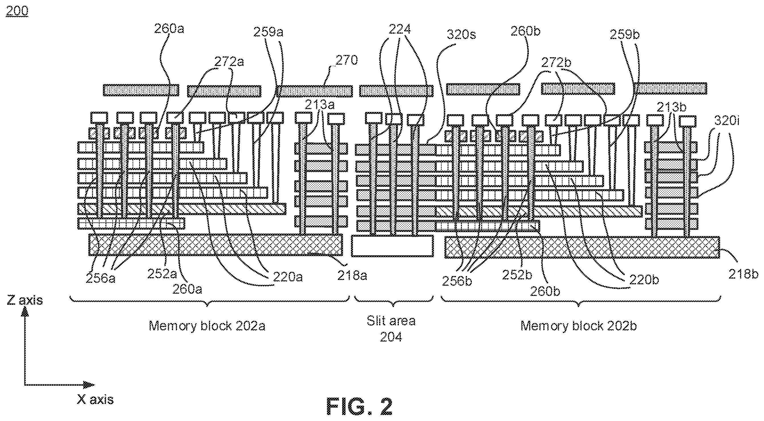 Patent US12120878 Figure 3 – Block-to-block isolation and deep contact using pillars in a memory array