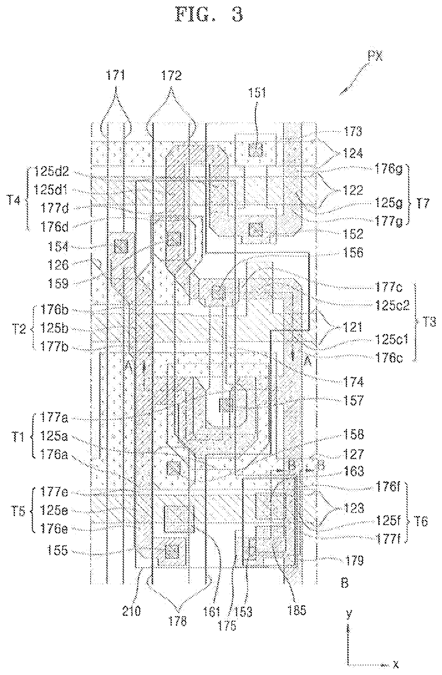 Patent US12120930 Figure 3 – Display device with a driving voltage line that overlaps a transistor and a pixel electrode