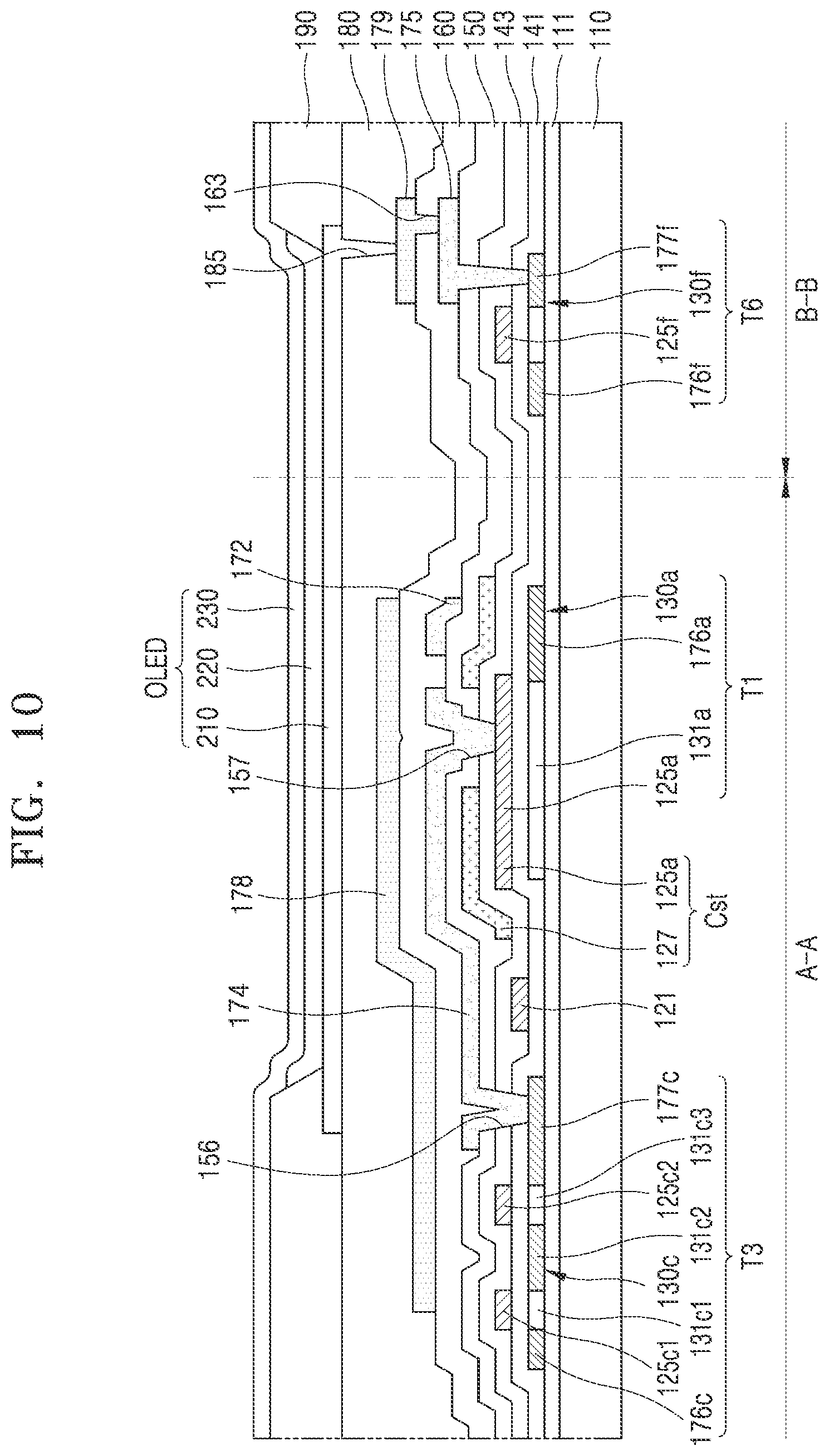 Patent US12120930 Figure 10 – Display device with a driving voltage line that overlaps a transistor and a pixel electrode