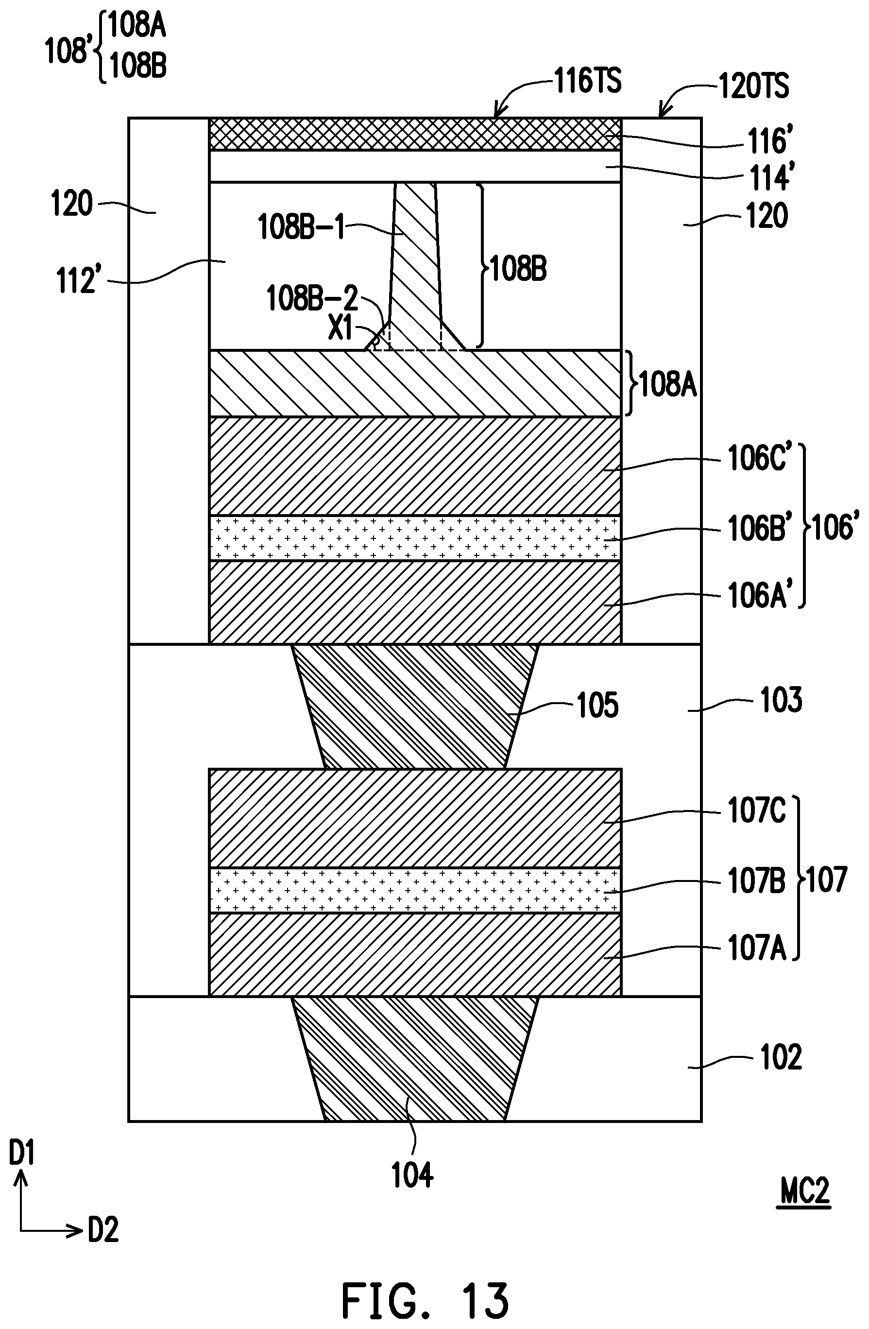 Patent US12120968 Figure 12 – Semiconductor device, memory cell including connecting structure having base portion and pillar portion, and method of forming the same