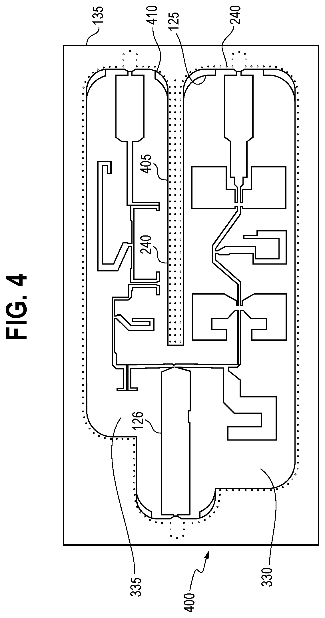 Patent US12126098 Figure 4 – RF modules with an enclosure having a micromachined interior using semiconductor fabrication