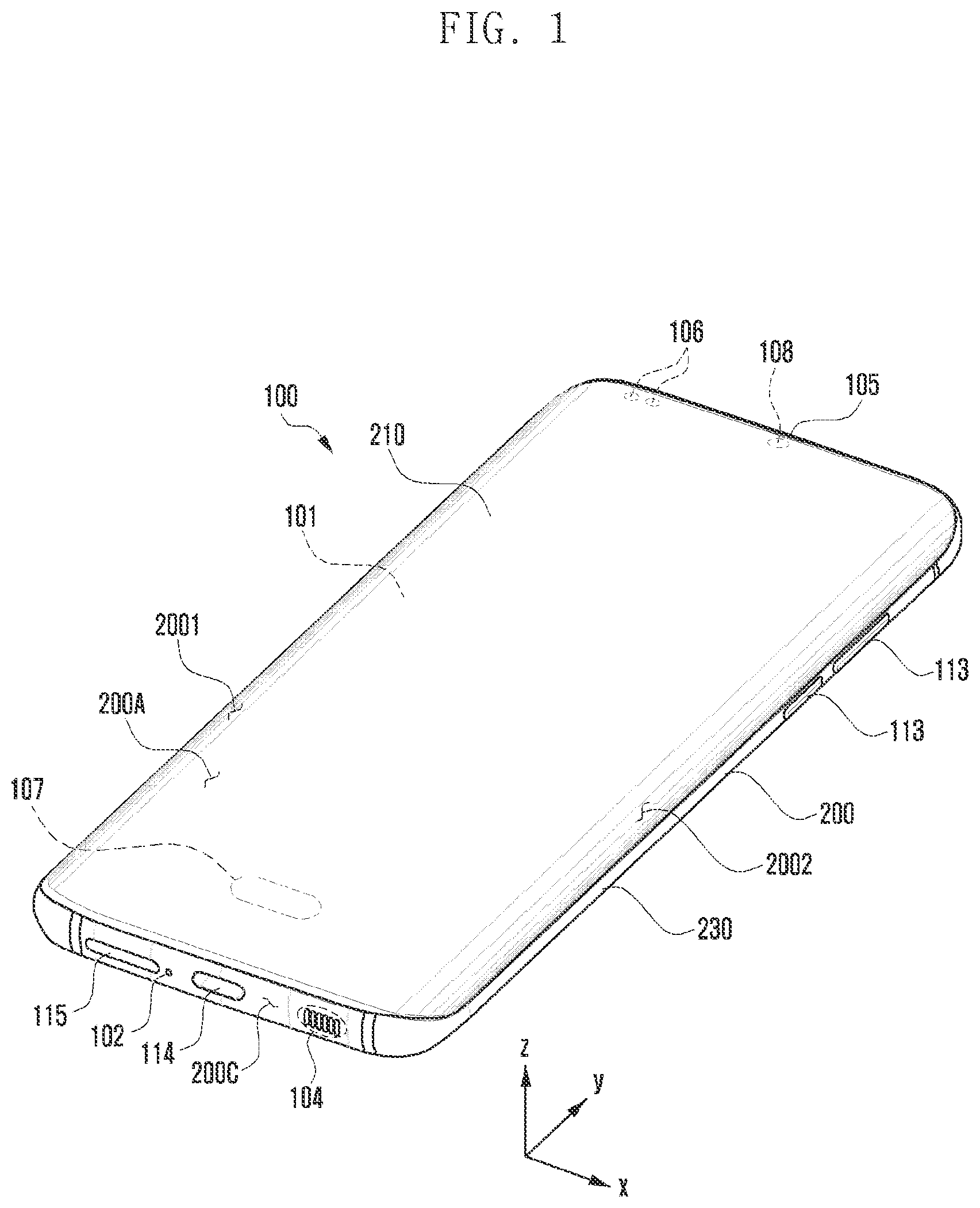 Patent US12126122 Figure 1 – Electronic device including interface terminal having outer shell and bracket