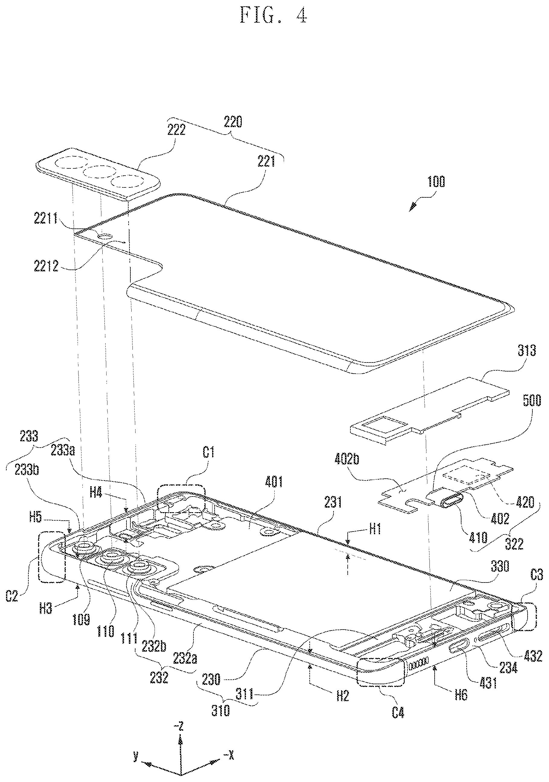 Patent US12126122 Figure 4 – Electronic device including interface terminal having outer shell and bracket