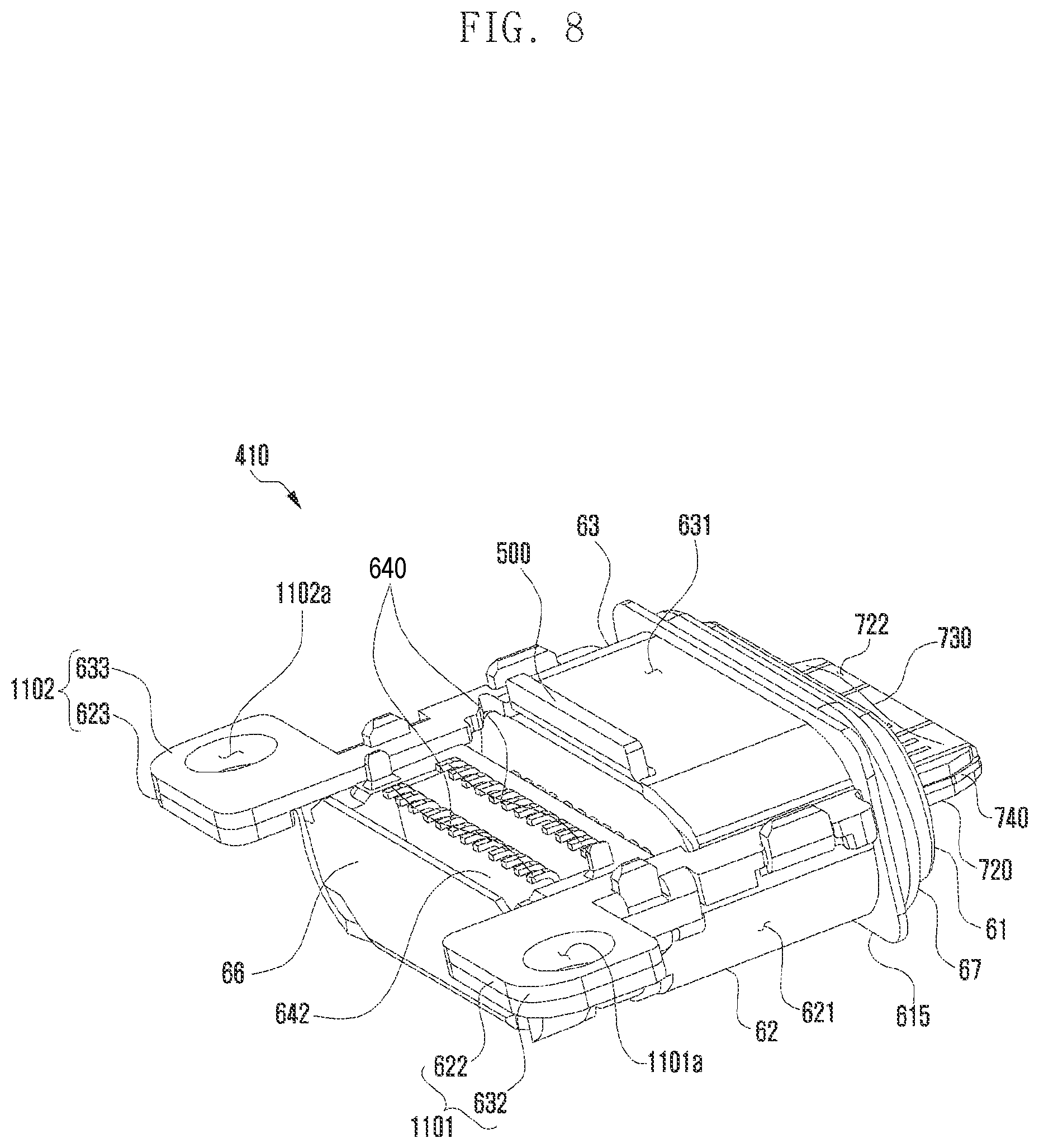 Patent US12126122 Figure 8 – Electronic device including interface terminal having outer shell and bracket
