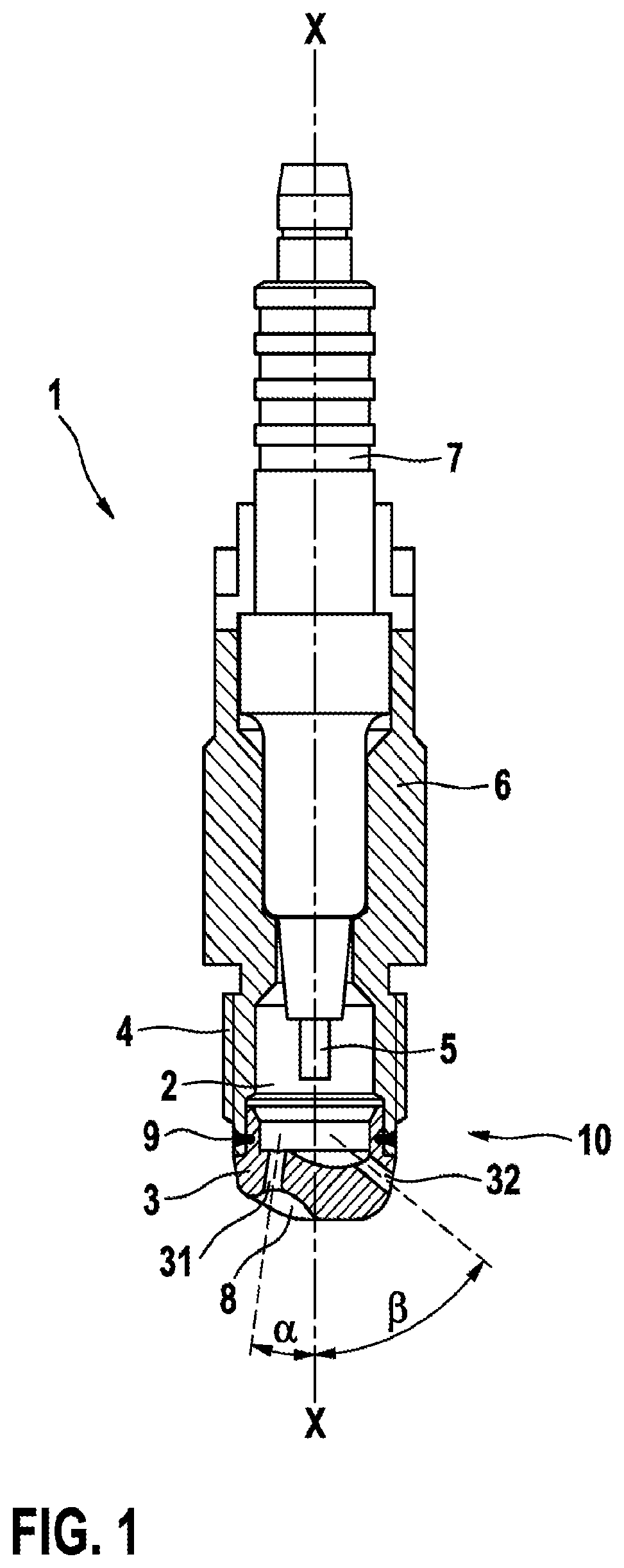 Patent US12126146 Figure 1 – Prechamber spark plug with improved cap