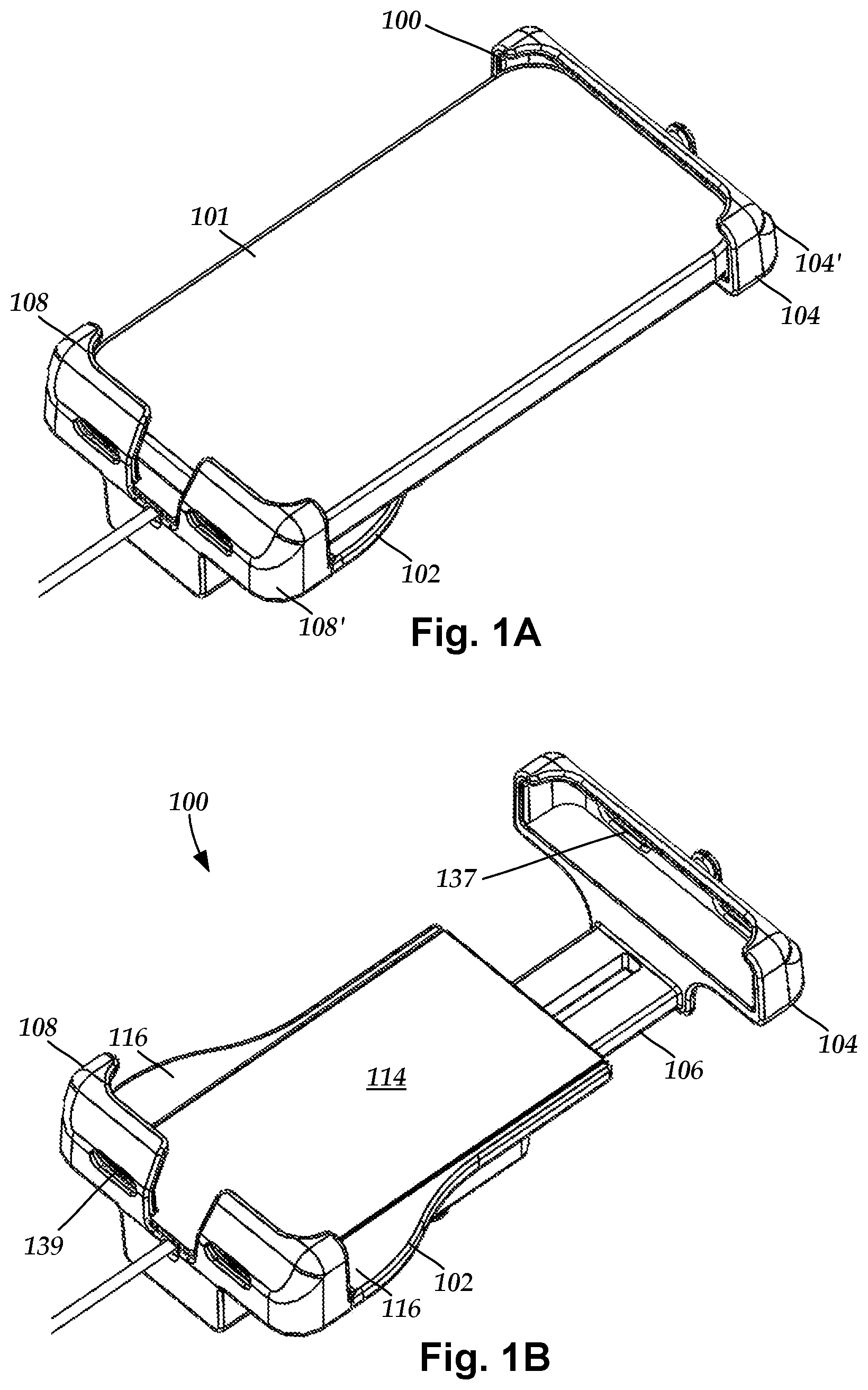 Patent US12126199 Figure 1 – Cradles for a mobile device including a cavity for a wireless device and methods of making and using