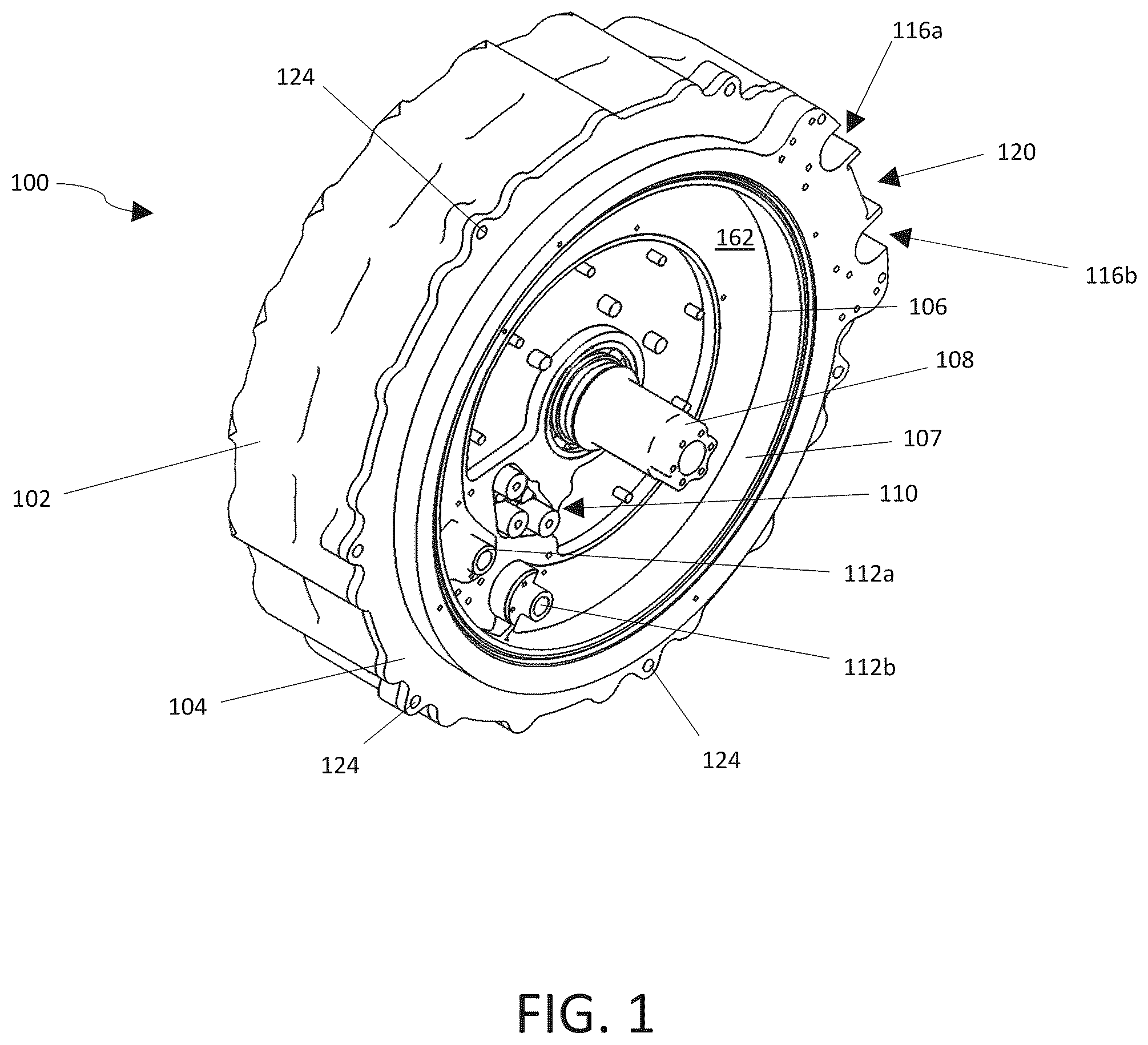 Patent US12126222 Figure 1 – Sealed axial flux motor with integrated cooling