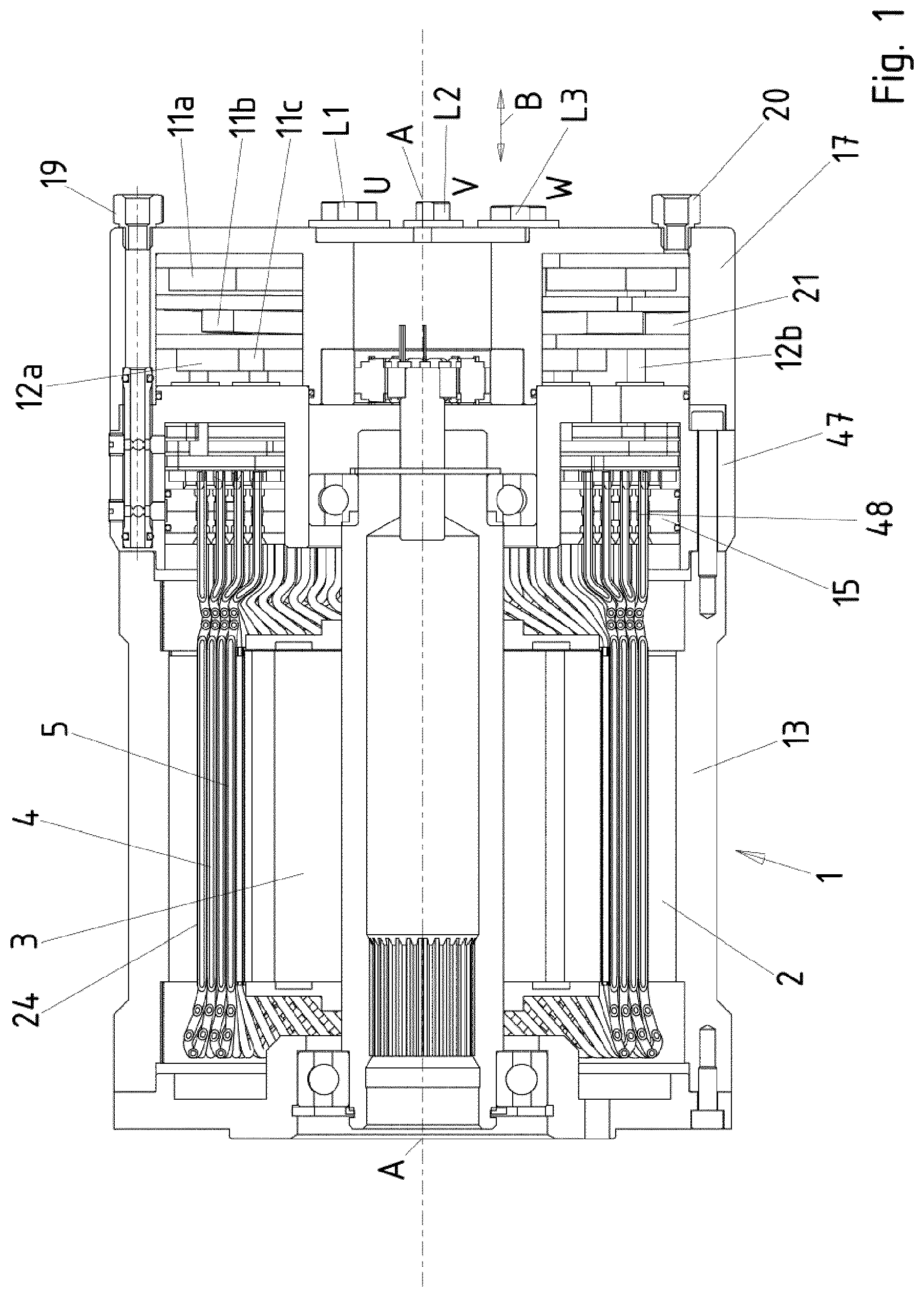 Patent US12126233 Figure 1 – Electric machine having several rigid winding pieces formed as hollow conductors-hydraulic connection concept II