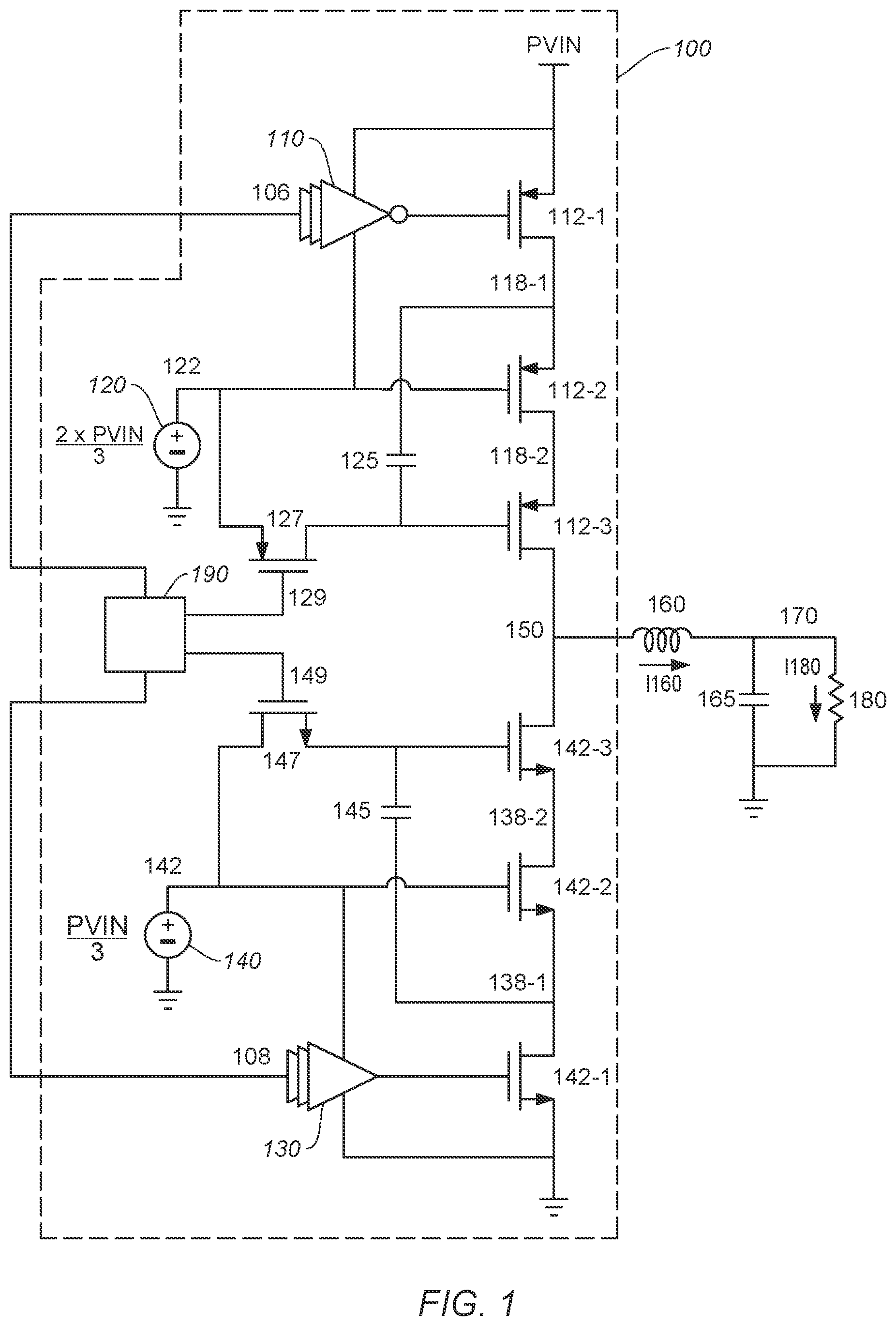 Patent US12126259 Figure 1 – High voltage stage for switching regulator