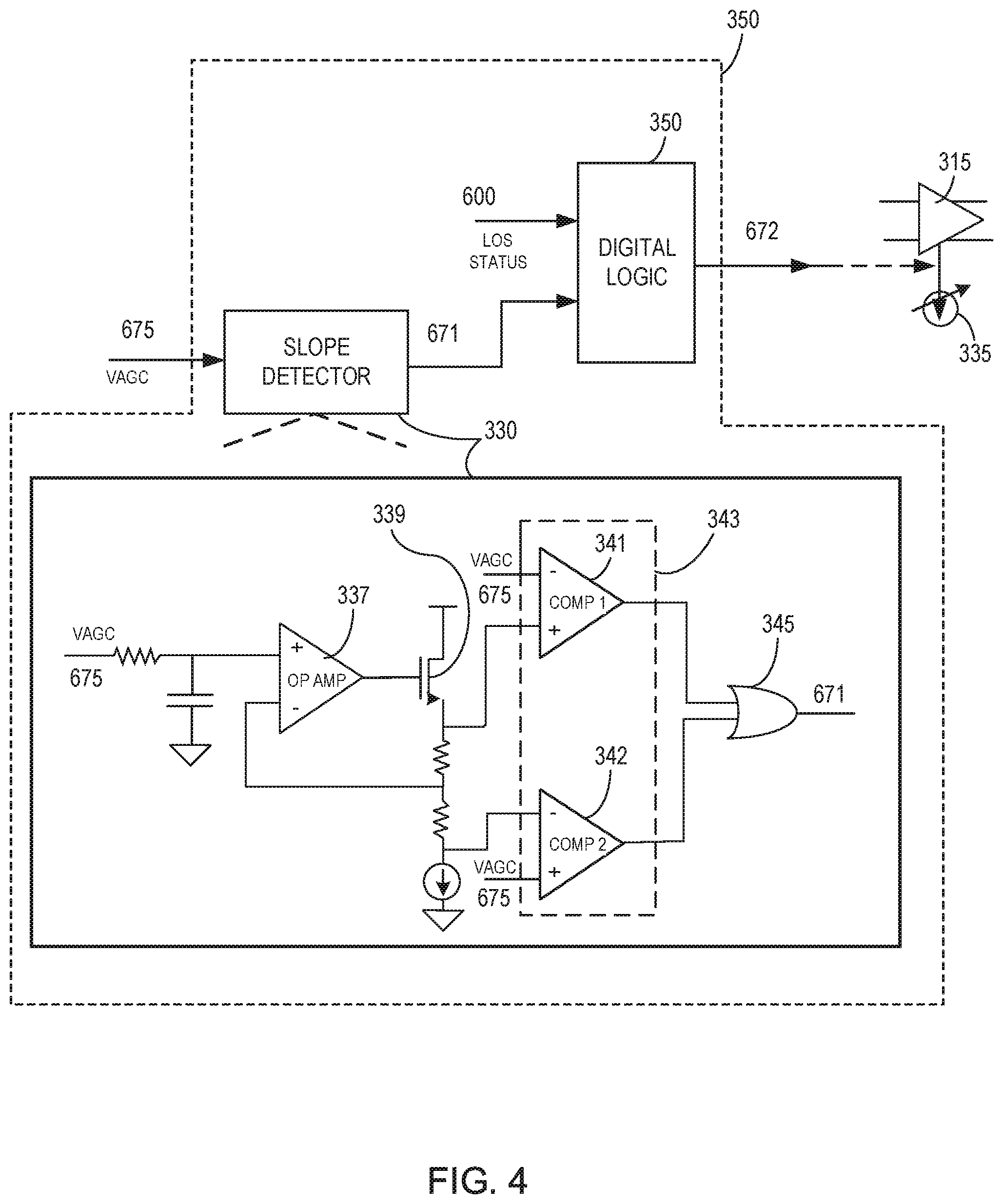 Patent US12126312 Figure 3 – Control of linear trans-impedance amplifier (TIA) during settling after recovering from loss of signal in receiver