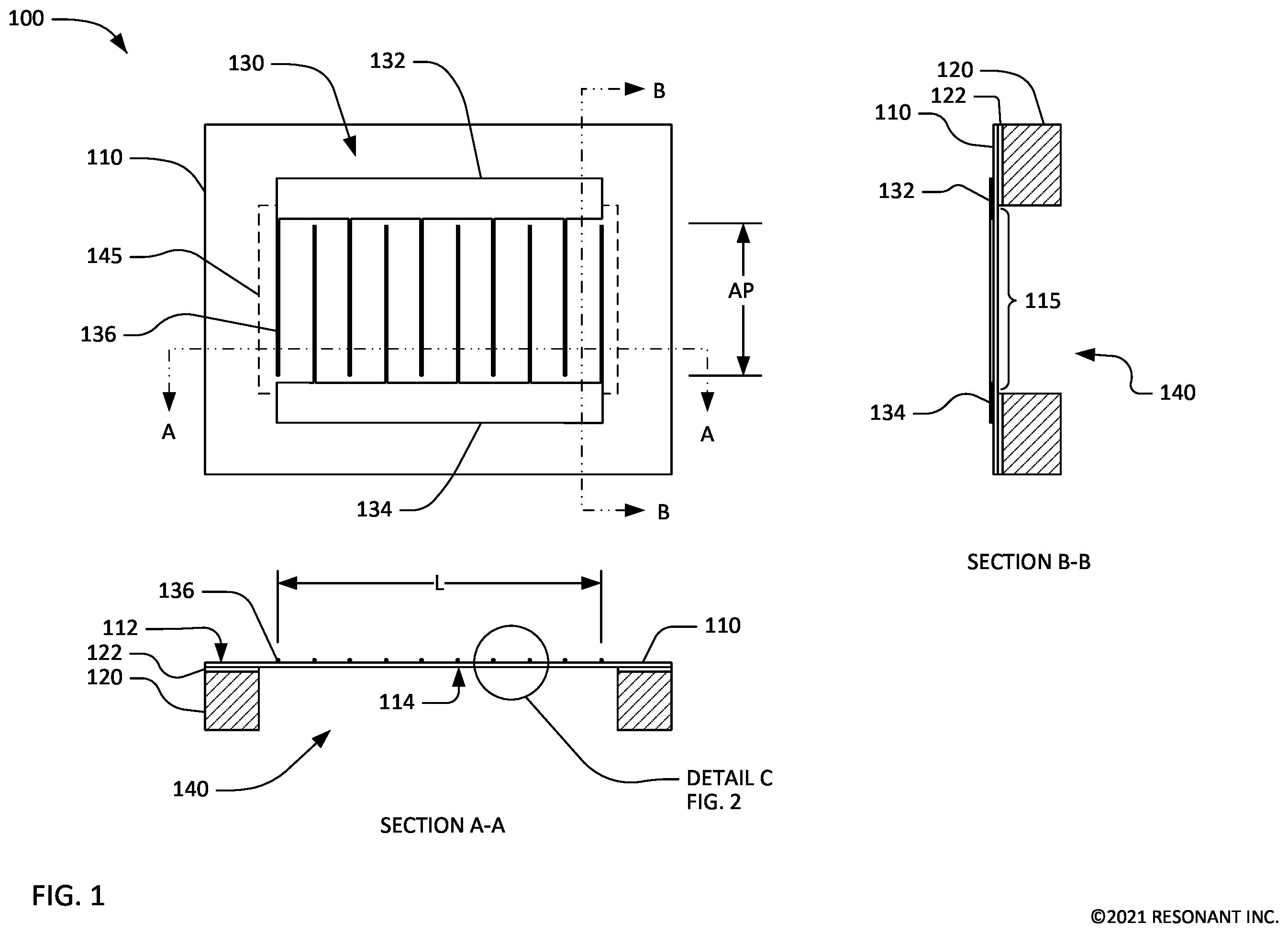 Patent US12126316 Figure 1 – Transversely-excited film bulk acoustic resonator