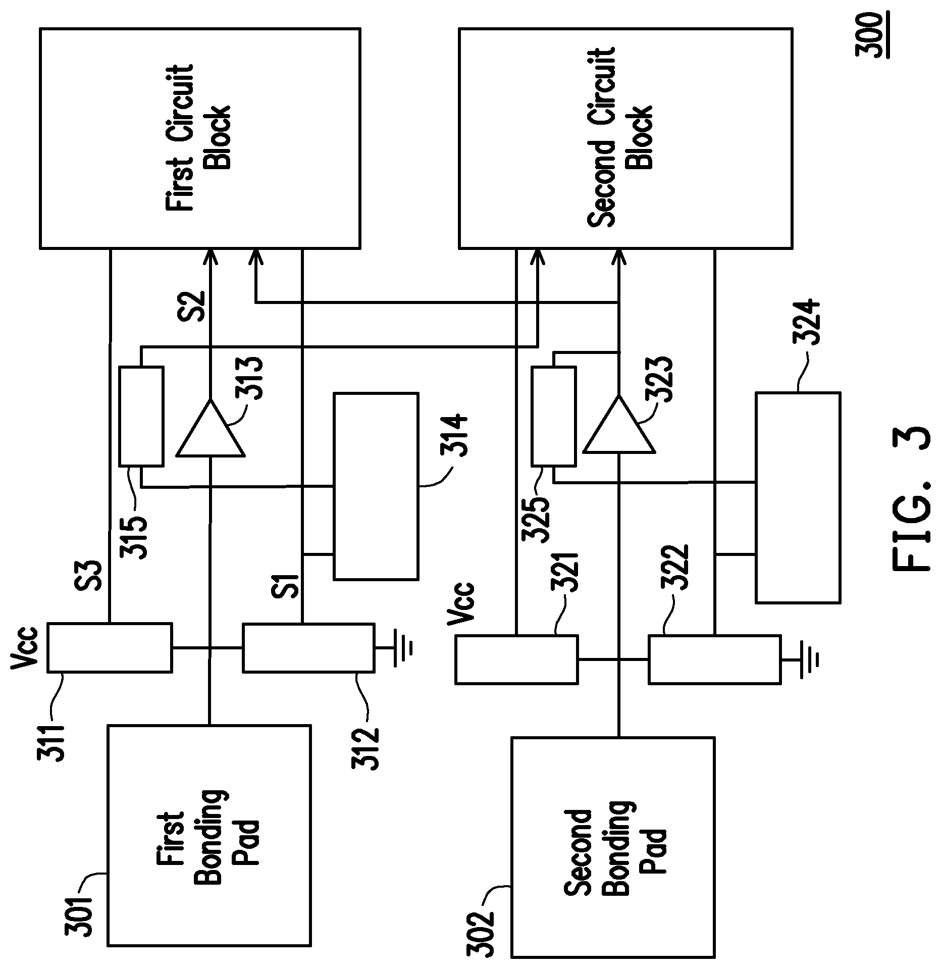 Patent US12126333 Figure 3 – Electrical circuit for switching bias voltage of bonding pad and electronic device having the electrical circuit