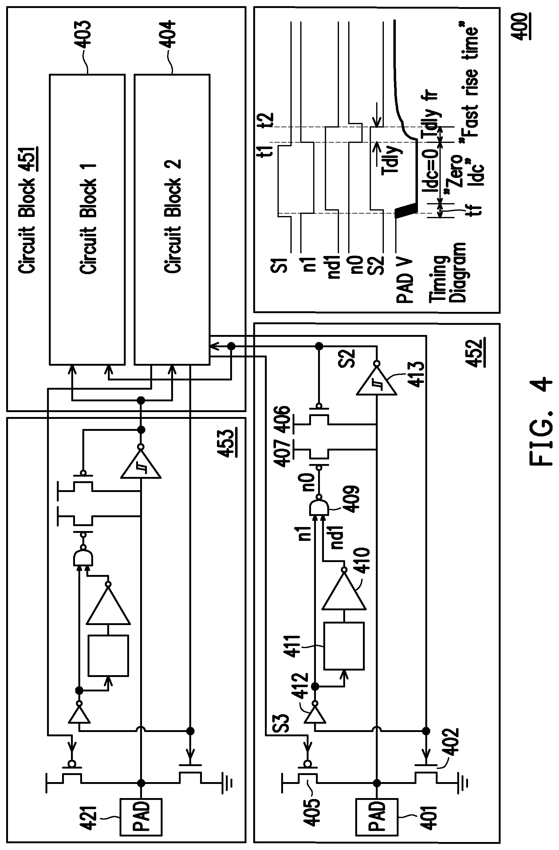 Patent US12126333 Figure 4 – Electrical circuit for switching bias voltage of bonding pad and electronic device having the electrical circuit