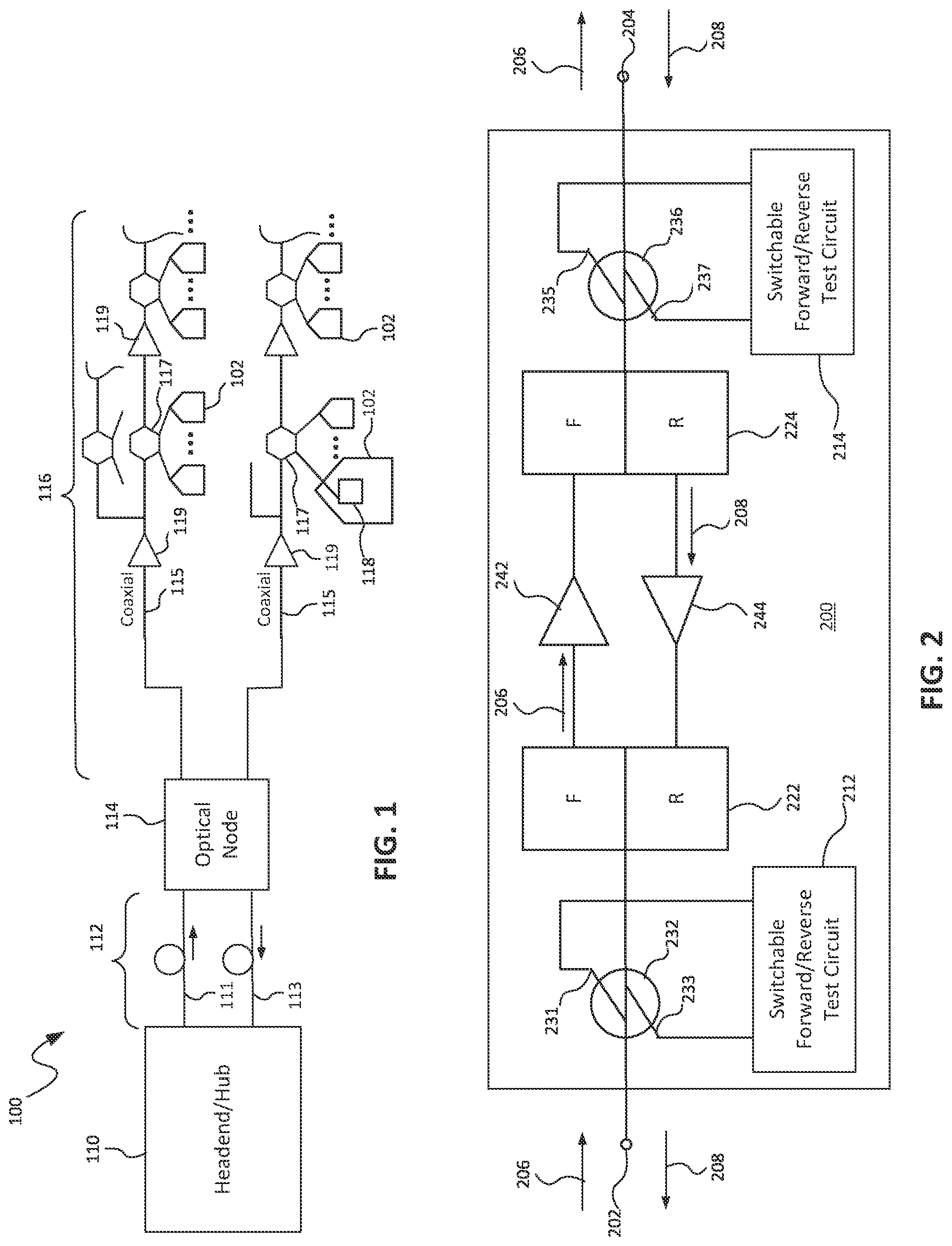 Patent US12126388 Figure 1 – Forward and reverse test point circuit with switchable termination for use in an RF amplifier