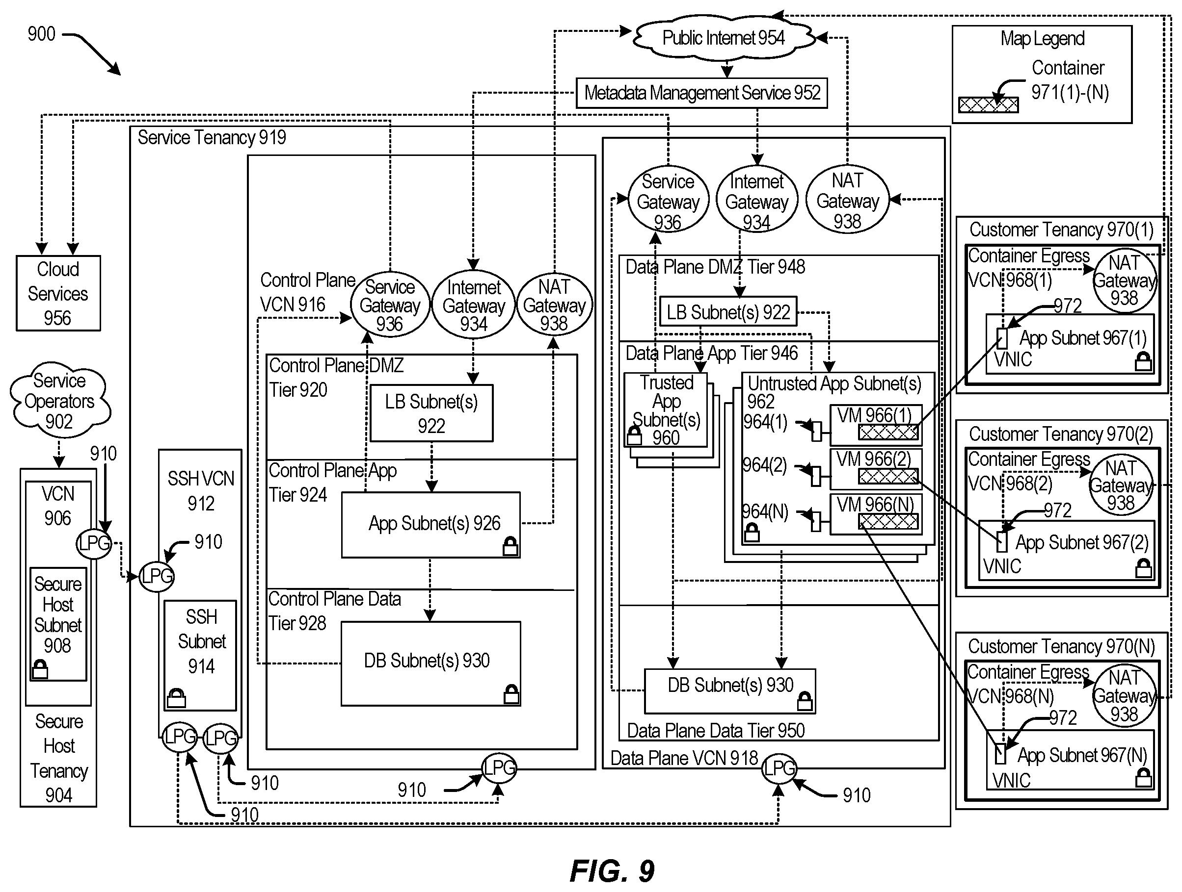 Patent US12126608 Figure 9 – Network management service for a restricted region